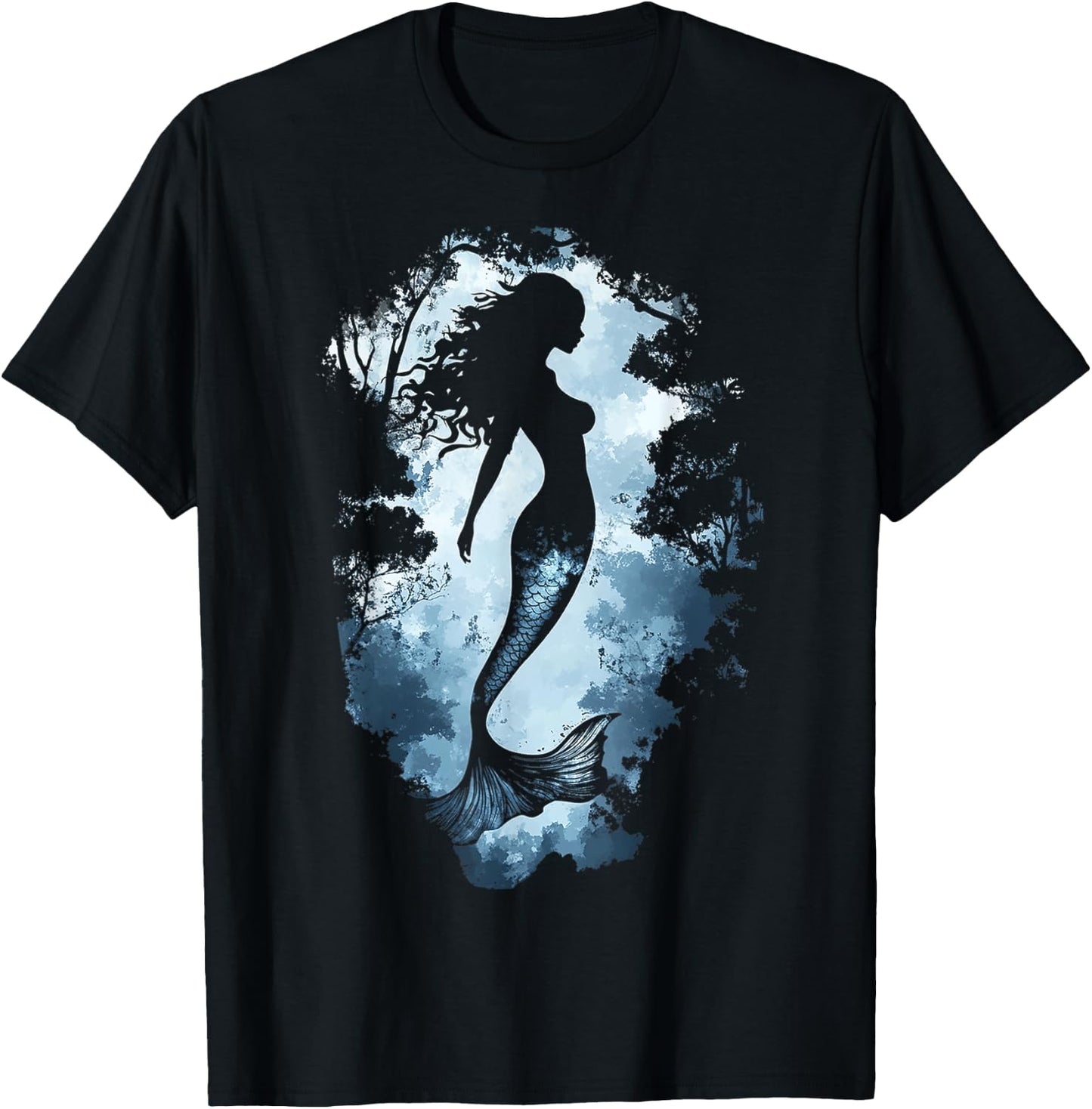 Mermaid Forest Mythical Motif Women Fantasy Graphic Mermaid T-Shirt - T-Shirt | Black