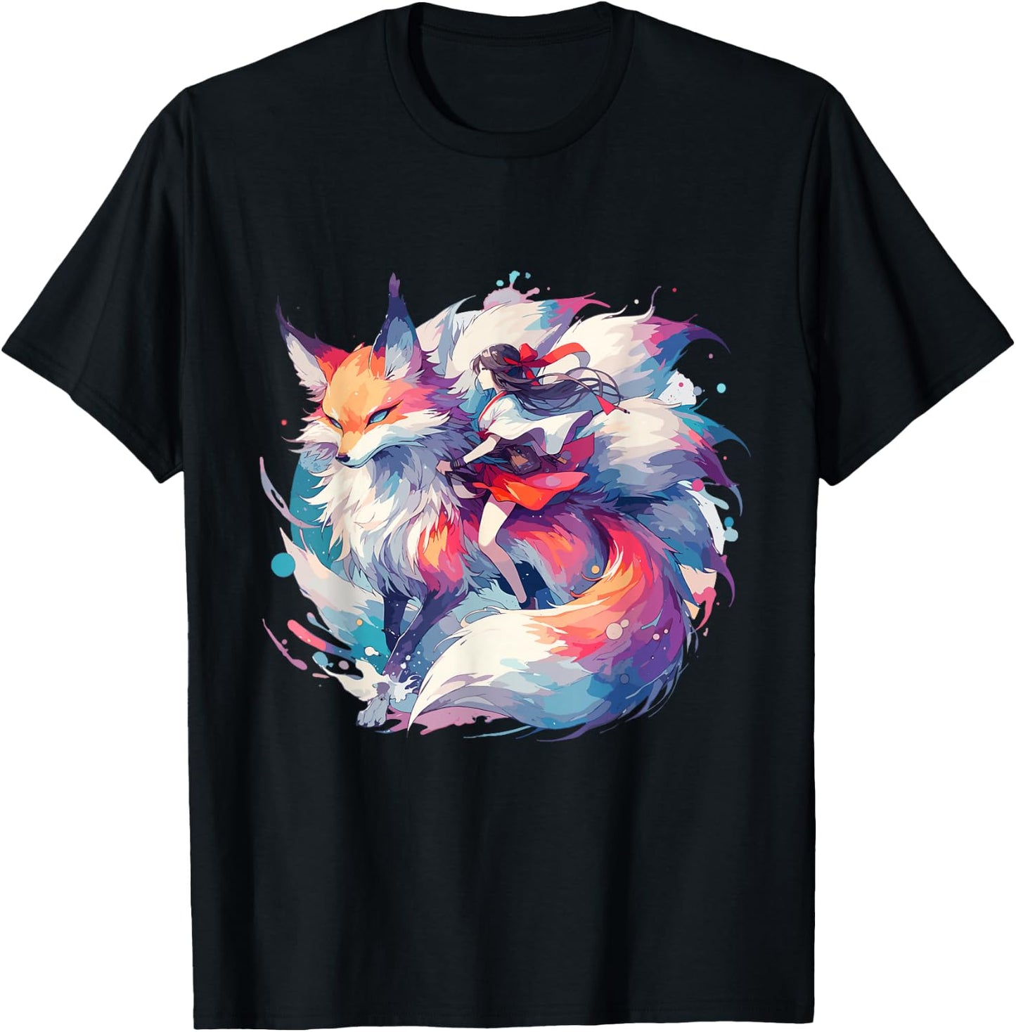 Anime Kitsune Girl On Nine-tailed Fox T-Shirt - T-Shirt | Black