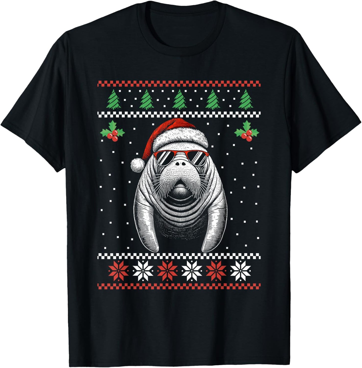 Manatee Santa Hat Ugly Christmas Sweater Xmas T-Shirt - T-Shirt | Black