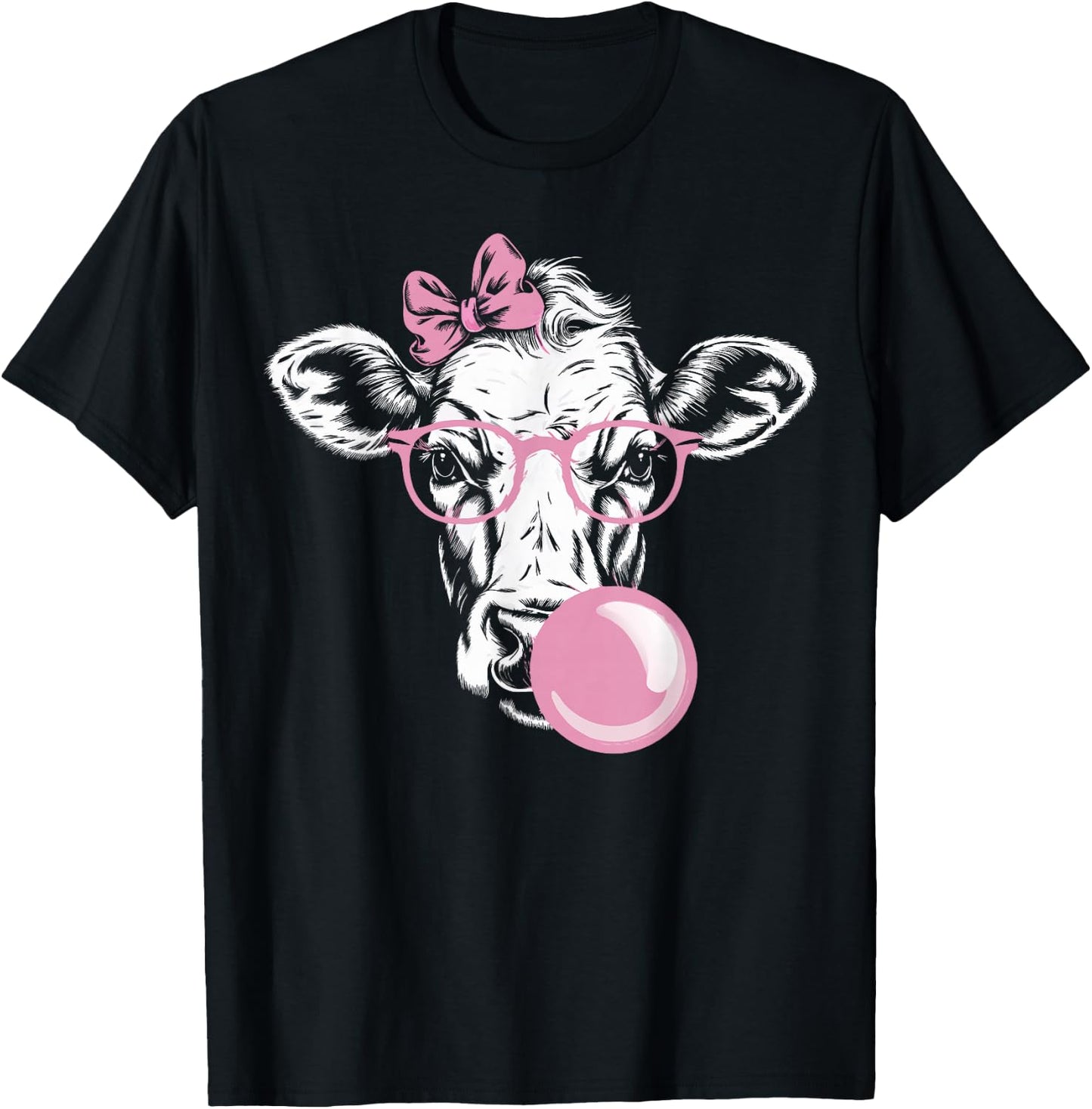 Cow Wearing Glasses and Blowing Pink Bubble Gum T-Shirt - T-Shirt | Black