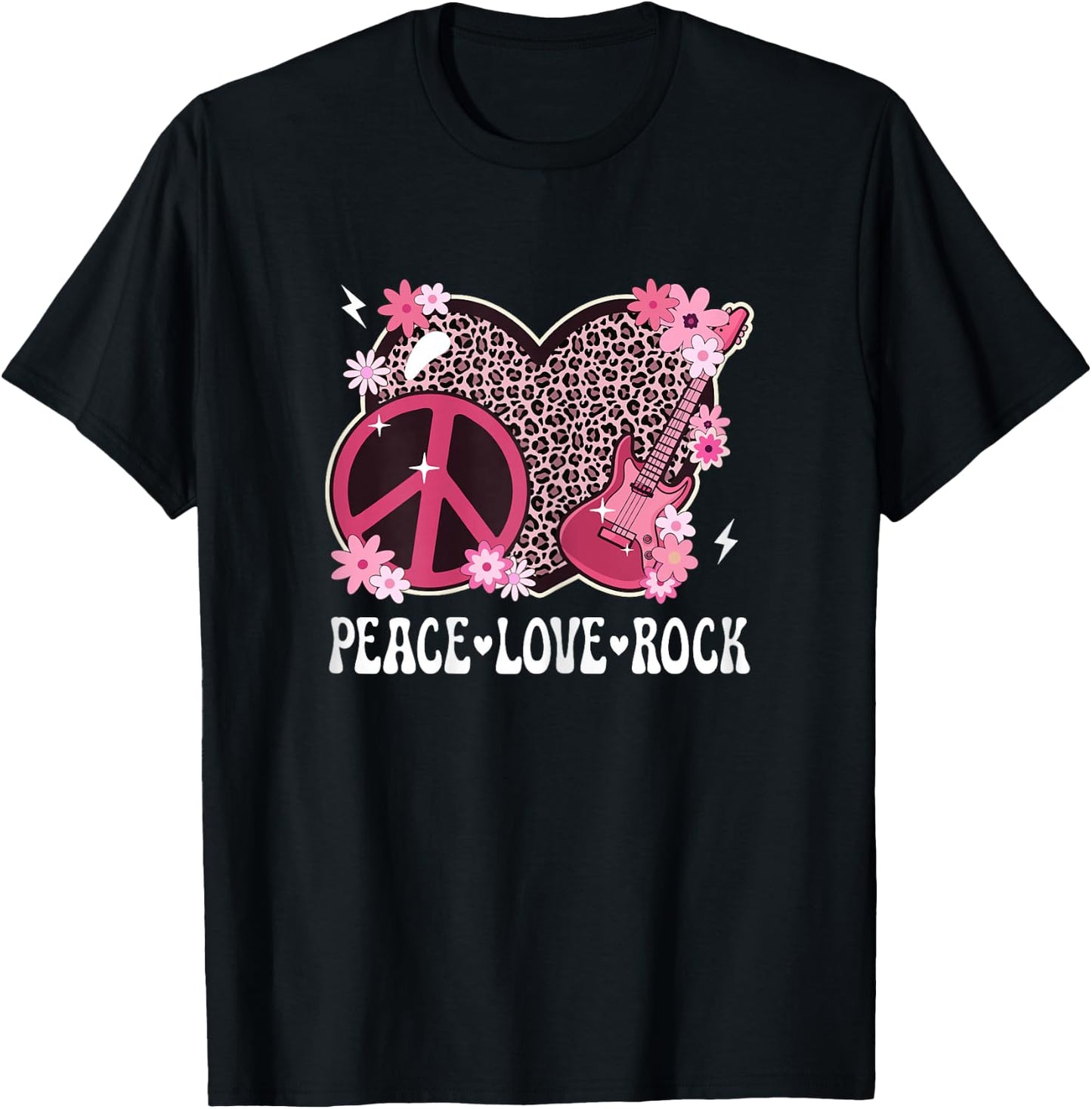 Peace Love Rock And Roll Leopard Print Women Rock Outfit T-Shirt - T-Shirt | Black
