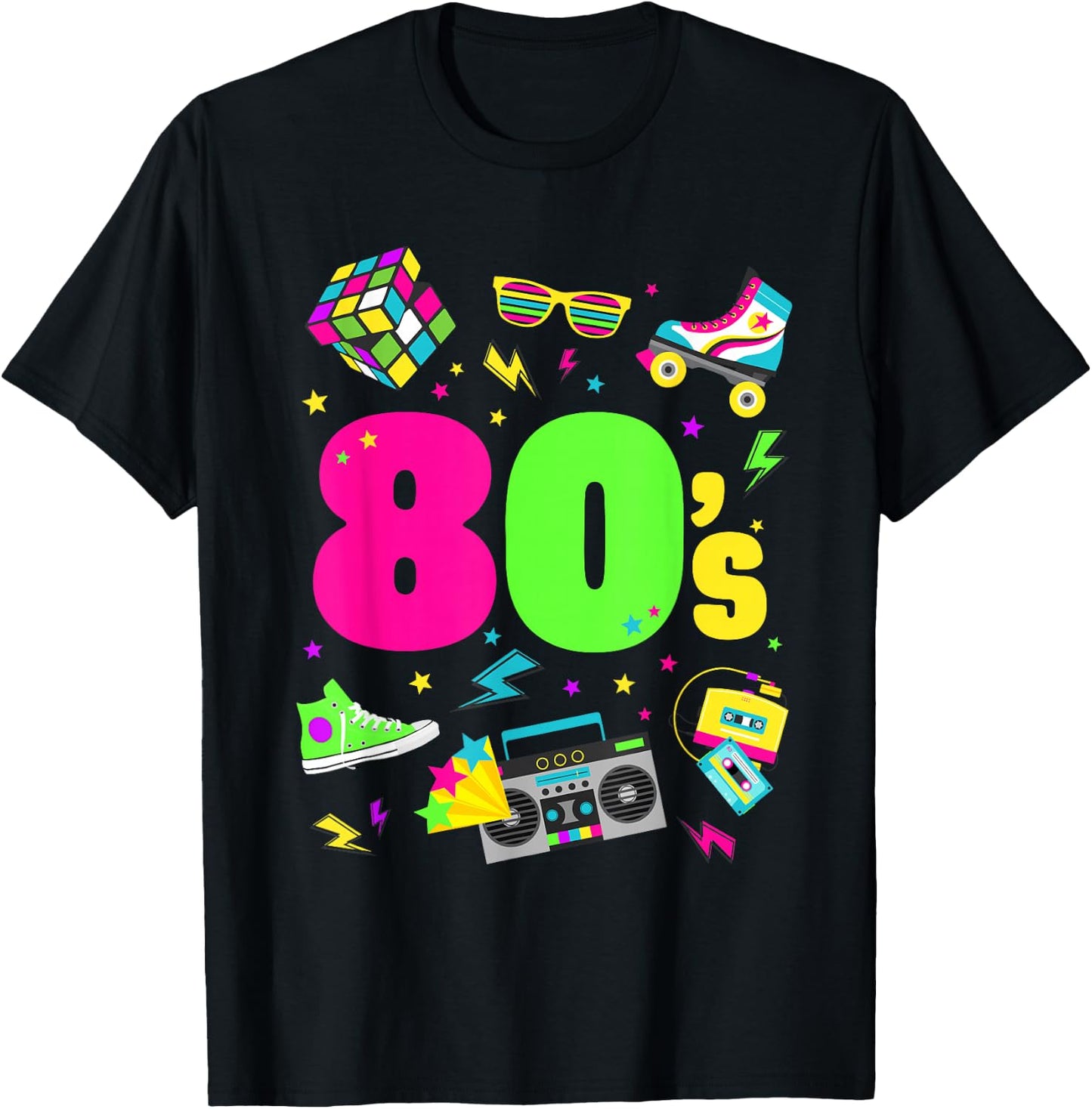 Adult - Black - S - Crew Collar - Cartoon - Crossed - Short Sleeves - EU 38/40 - 80s Theme T-Shirt - T-Shirt | Black