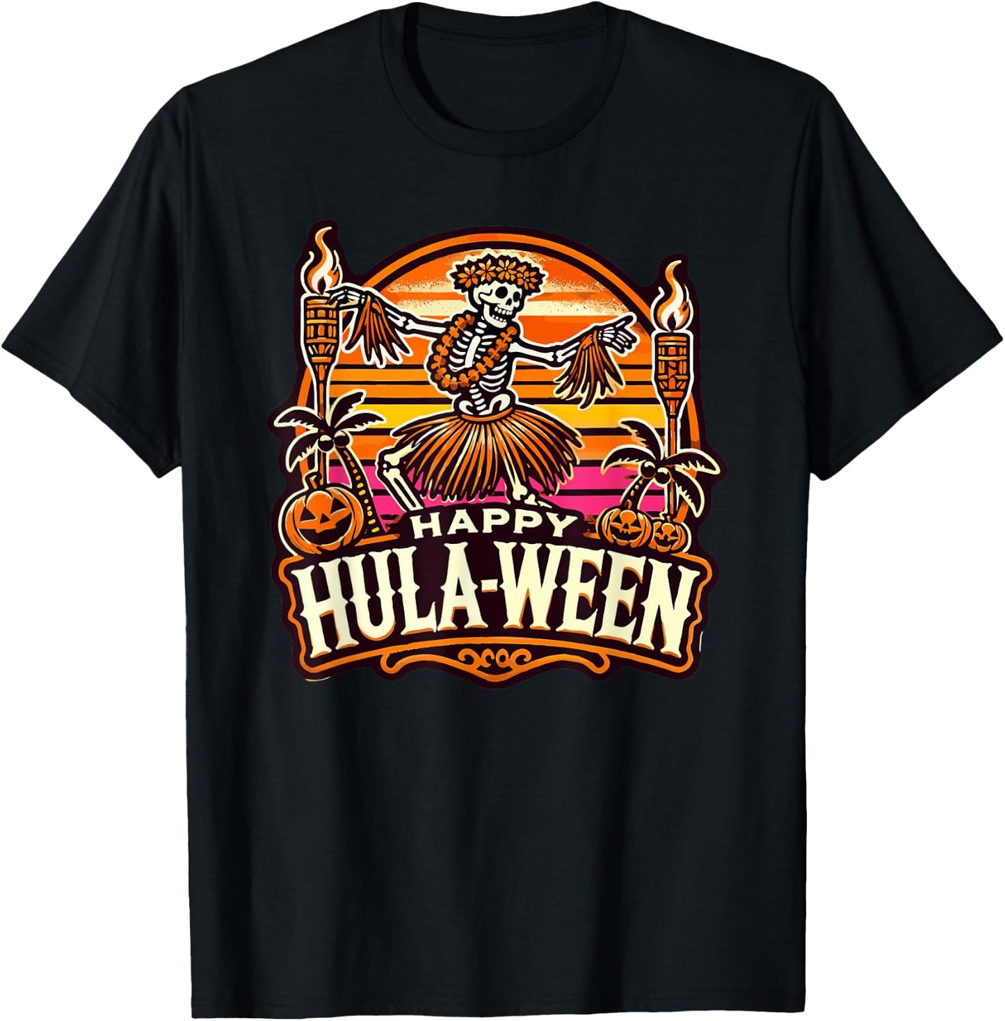 Happy Hulaween Spooky Halloween Island Skeleton Hula Dancer T-Shirt - T-Shirt | Black