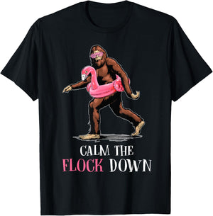 Flock Down Funny Bigfoot Flamingo T-Shirt - T-Shirt | Black