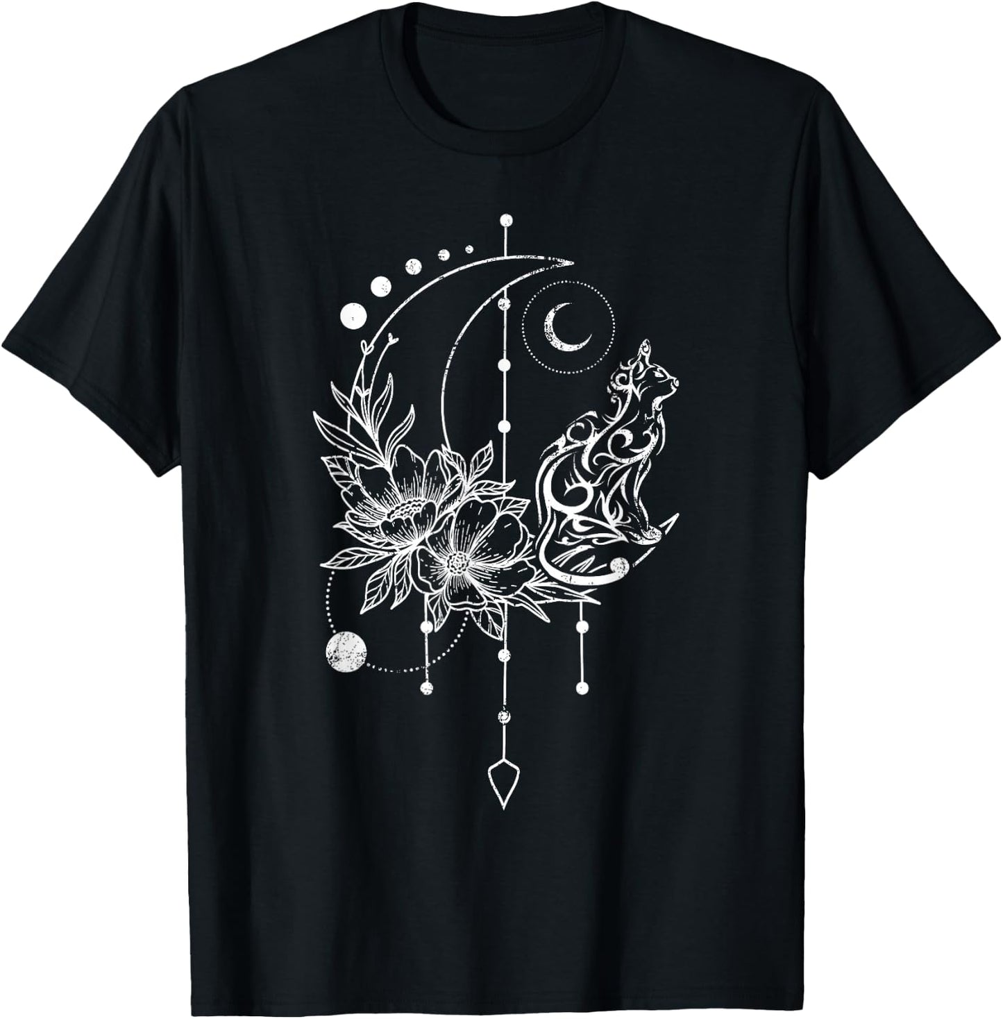 Katze mit Halbmond, Traumfänger und Blumen T-Shirt - T-Shirt | Black