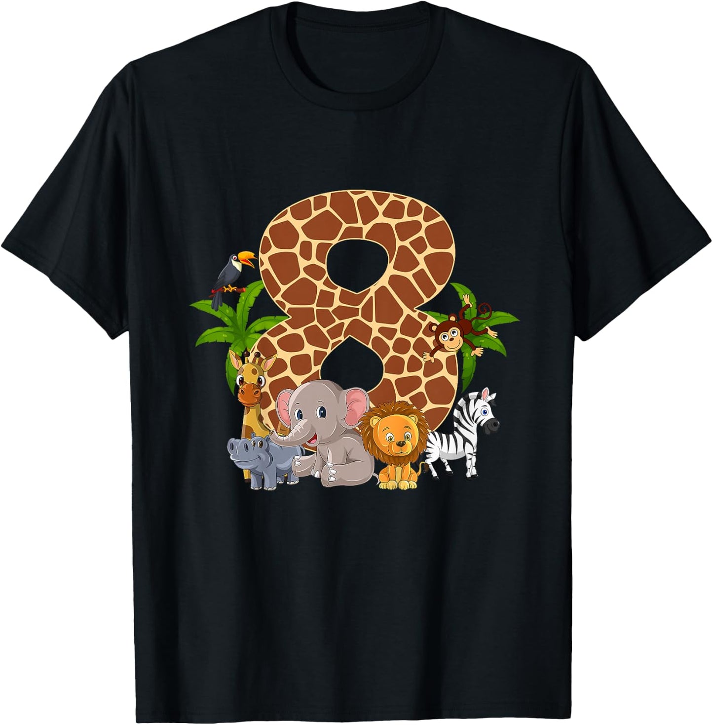 Kids 8 Year Old Zoo Birthday Safari Jungle Animal 8th B-day T-Shirt - T-Shirt | Black