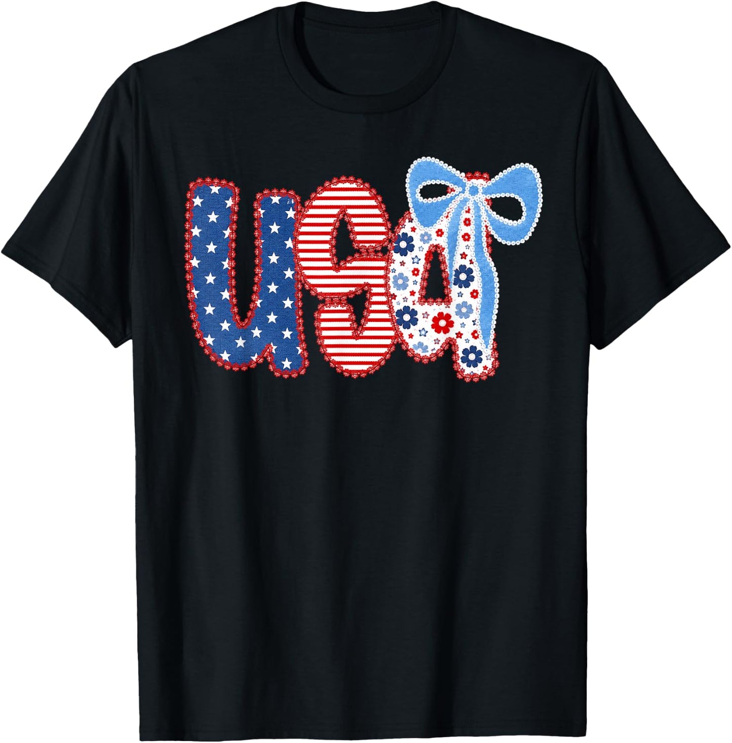 4th of July USA Coquette Bow Patriotic Women Girl T-Shirt - T-Shirt | Black