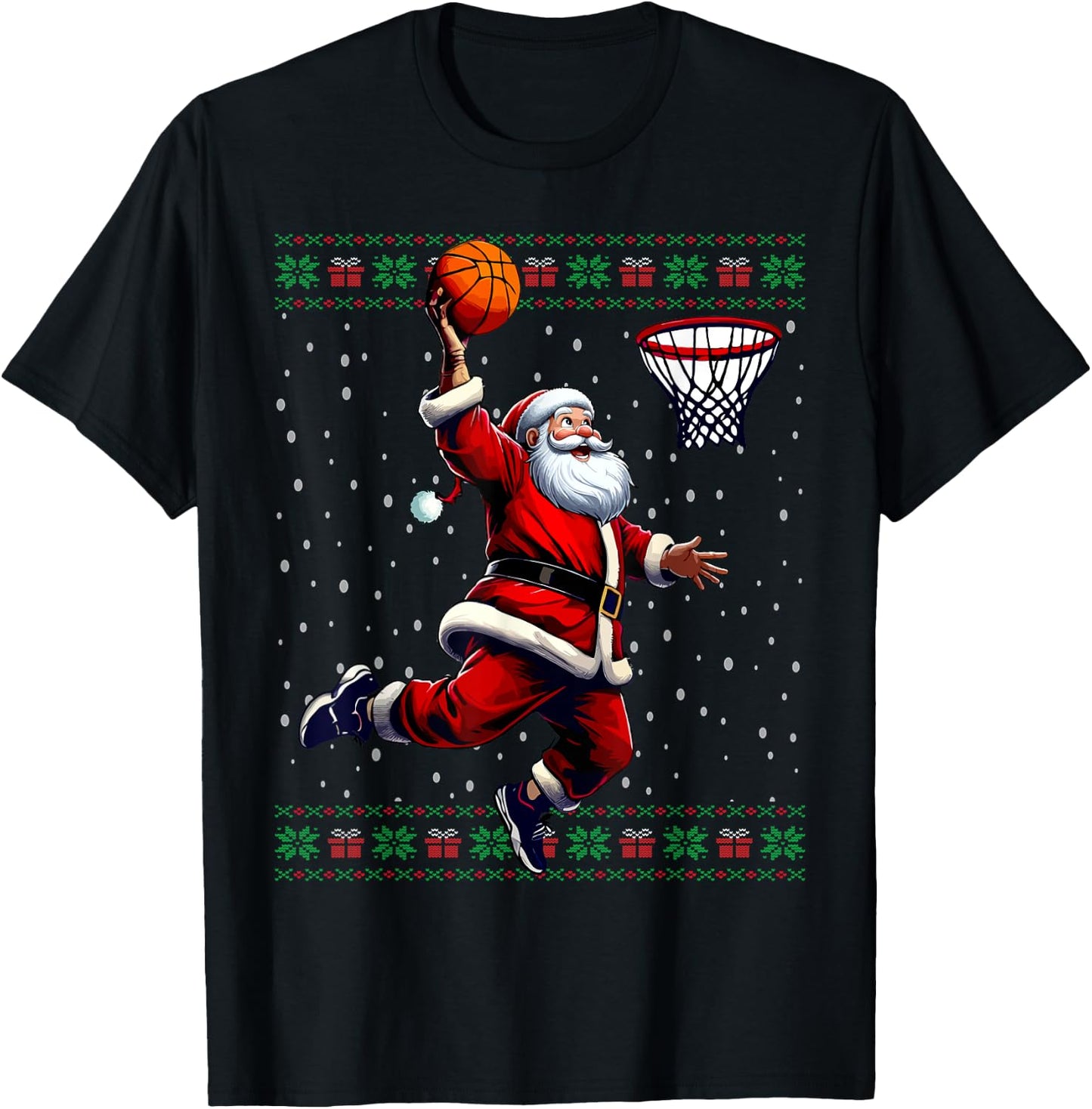 Santa Basketball Ugly Christmas Sweater T-Shirt - T-Shirt | Black