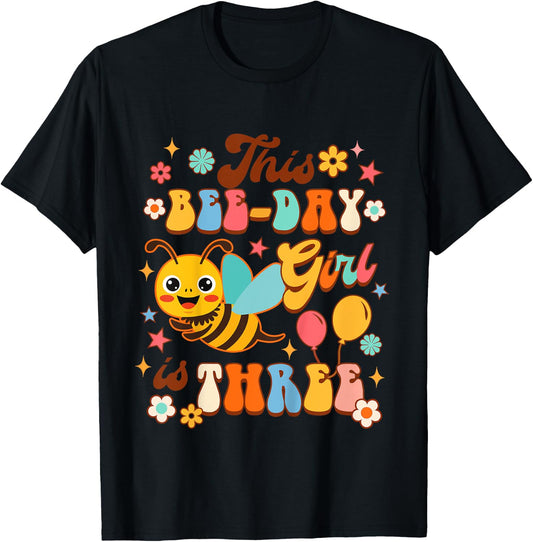 Kids 3rd Birthday Girl Third Birthday This Bee-day Girl Is Three T-Shirt - T-Shirt | Black