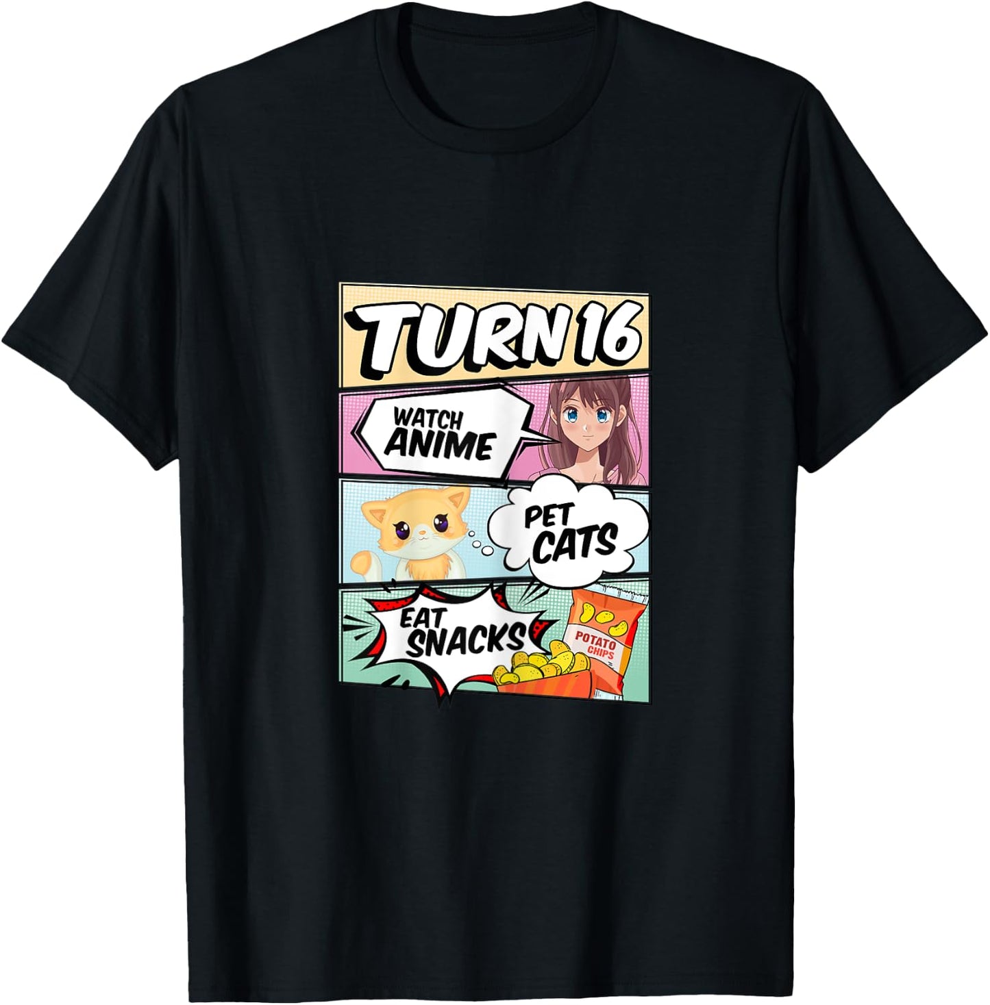 16th Birthday Anime Girl turns 16 pet cats watch anime T-Shirt - T-Shirt | Black