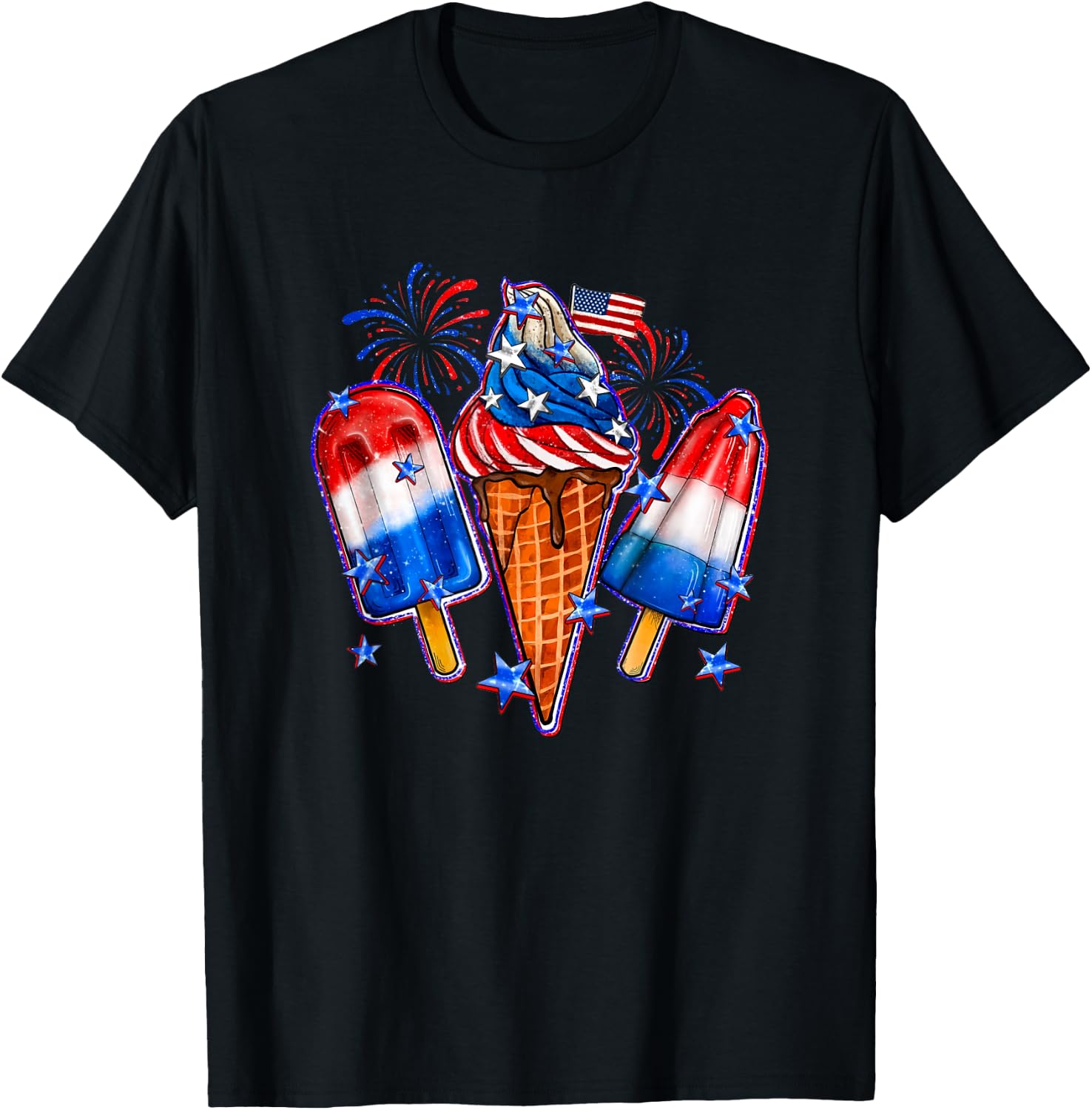 Blue Red White Ice Cream American Flag 4th Of July Men Women T-Shirt - T-Shirt | Black