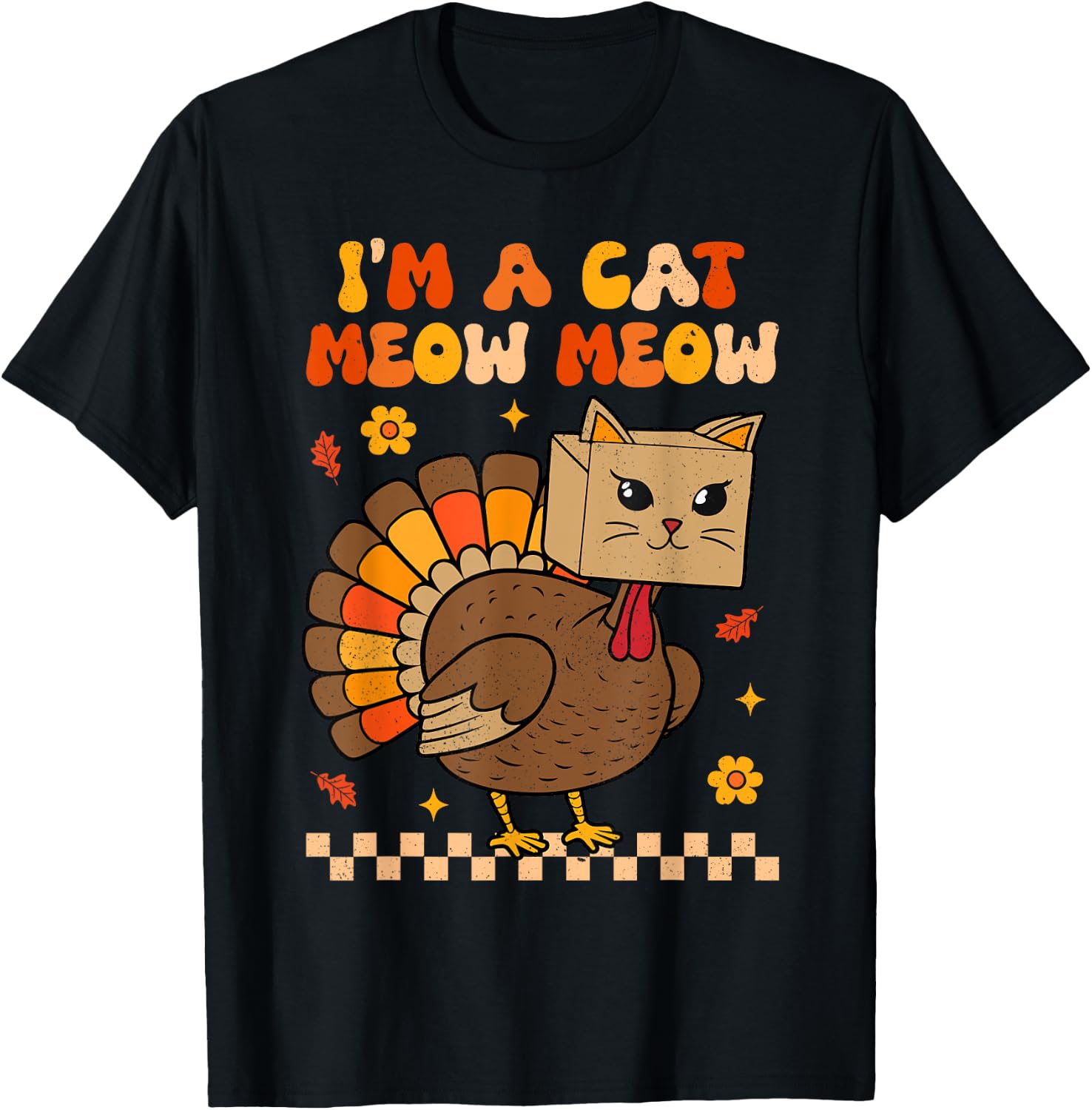 Groovy Thanksgiving Turkey Cat Meow Funny Women Men Kids T-Shirt - T-Shirt | Black