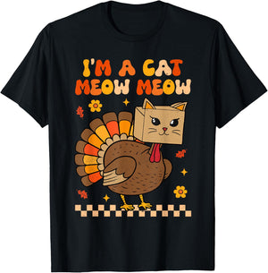 Groovy Thanksgiving Turkey Cat Meow Funny Women Men Kids T-Shirt - T-Shirt | Black