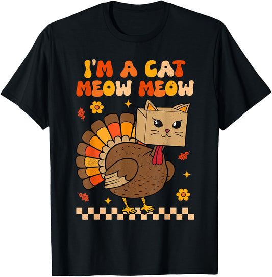 Groovy Thanksgiving Turkey Cat Meow Funny Women Men Kids T-Shirt - T-Shirt | Black