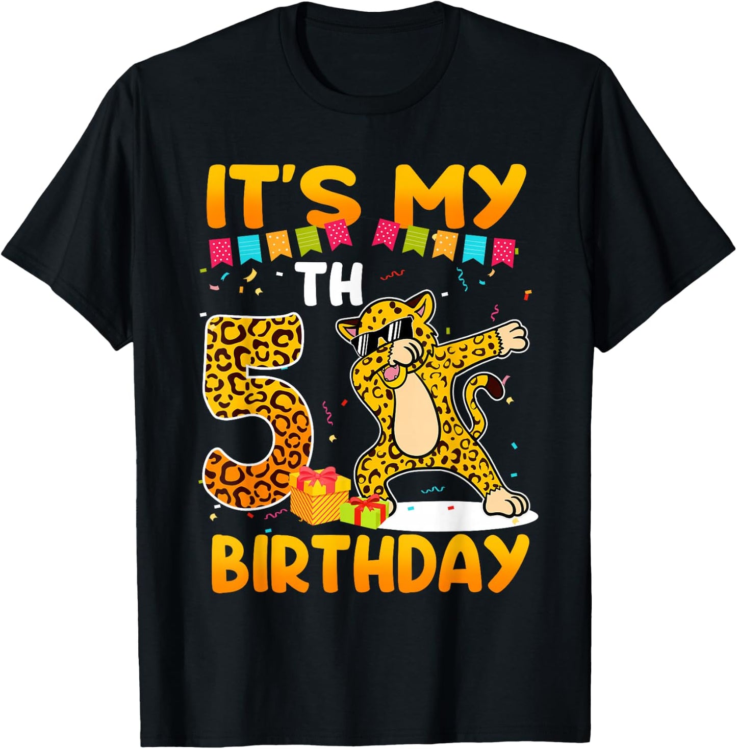 It's My 5th Birthday Leopard Cheetah 5 Year Old Party T-Shirt - T-Shirt | Black