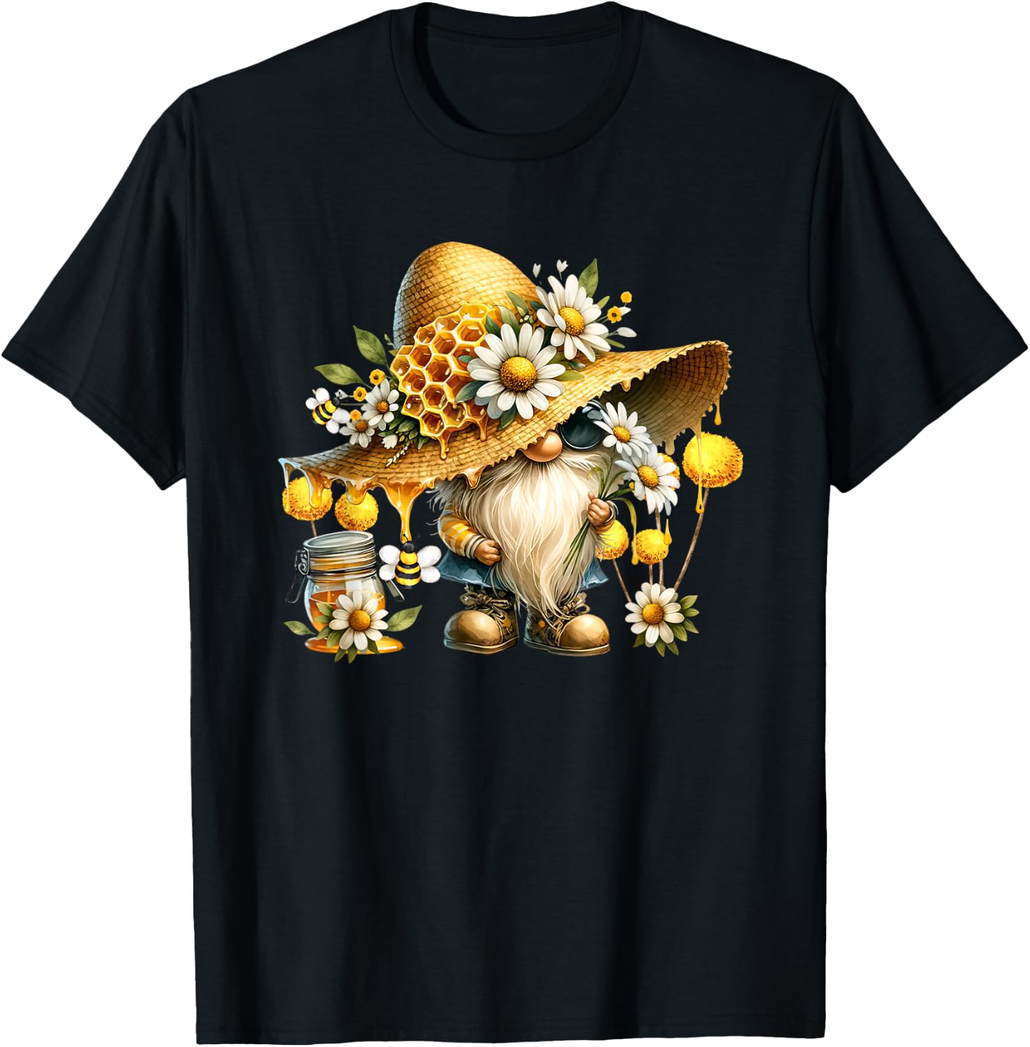 Funny Summer Graphic Bee Lover Daisy Flower Gnome T-Shirt - T-Shirt | Black