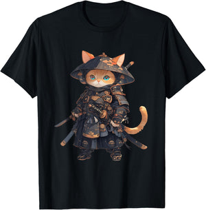 Japanese Samurai Cat Kawaii Ninja Cat Neko T-Shirt - T-Shirt | Black