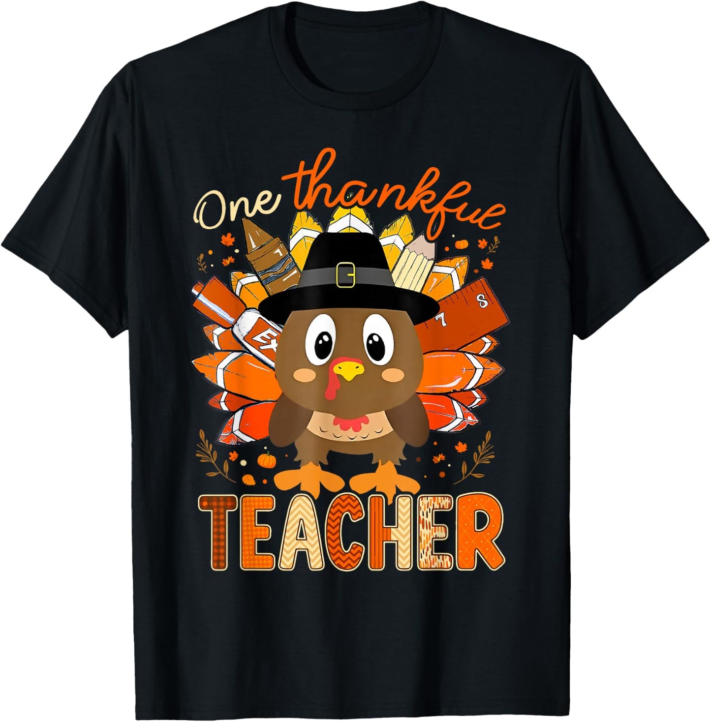 One Thankful Teacher Turkey Pencil Thanksgiving Teachers T-Shirt - T-Shirt | Black