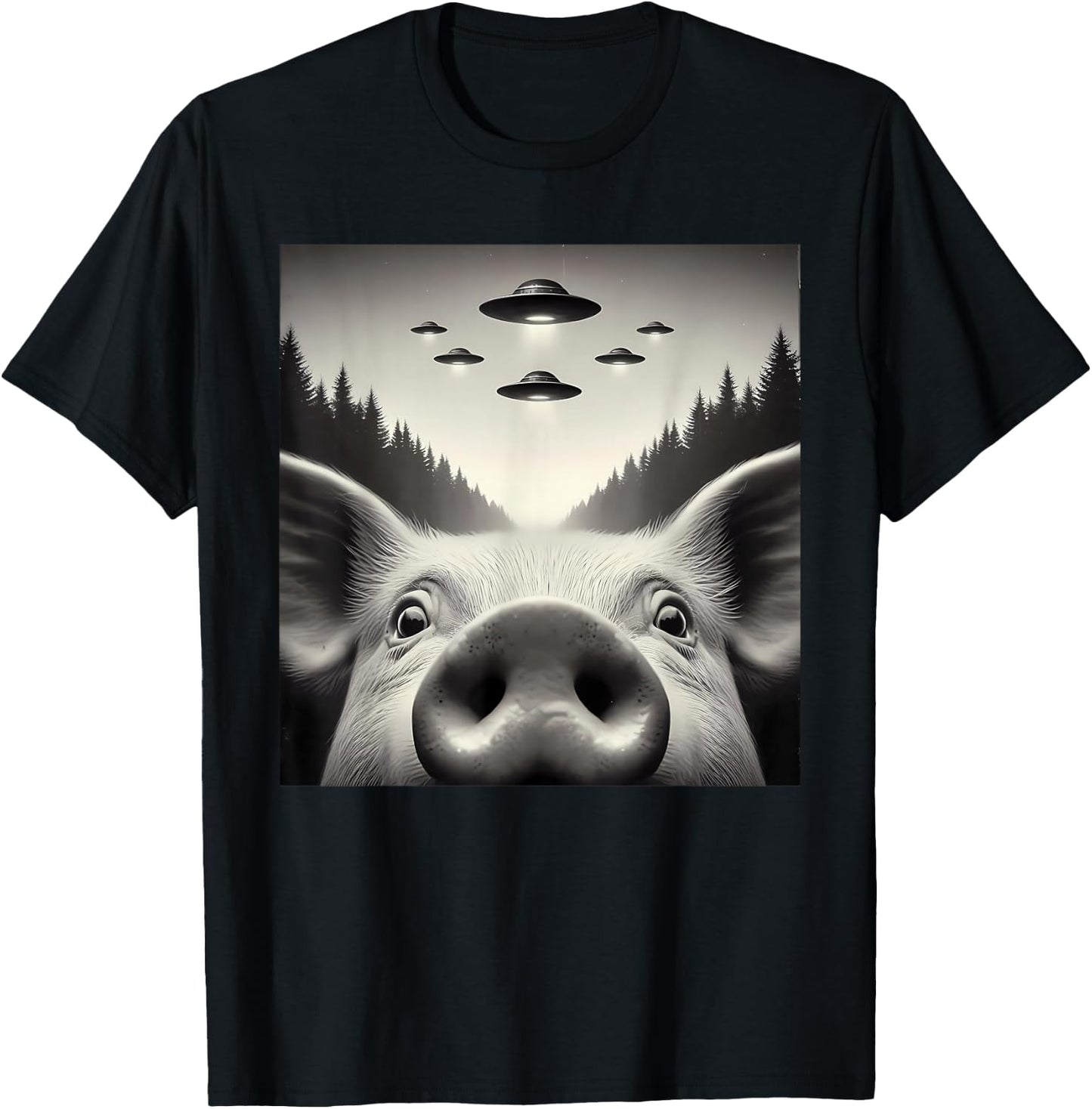 Funny Pig Selfie UFO Alien Humor Vintage Print Art Design T-Shirt - T-Shirt | Black