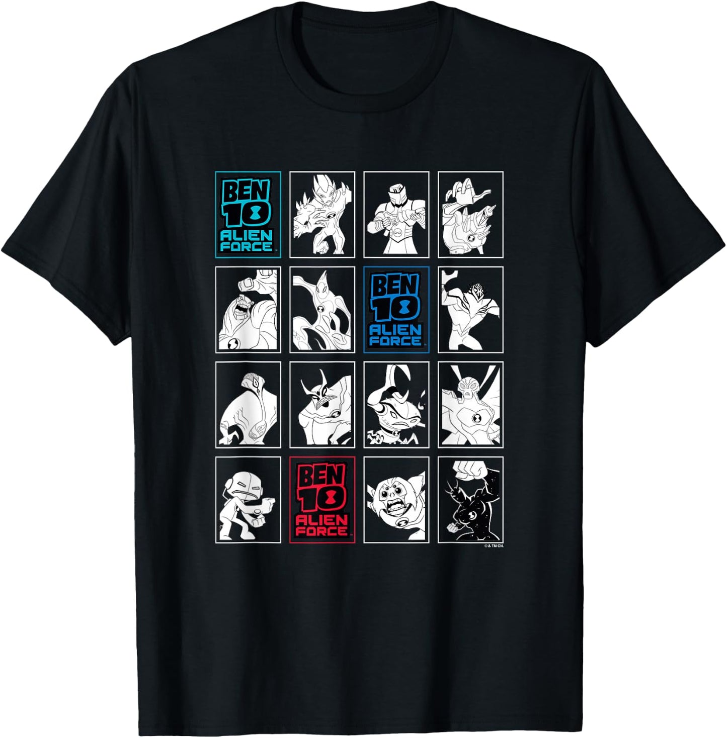 Ben 10: Alien Force Ten Alien Heroes VS Villains B&W Panels T-Shirt - T-Shirt | Black
