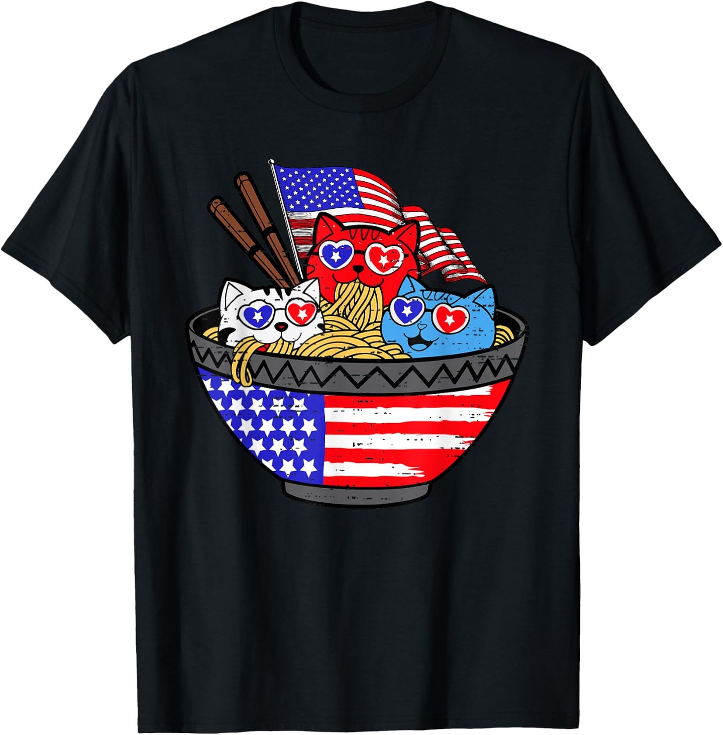 Cats Ramen Anime Kitty American Flag USA 4th of July Fourth T-Shirt - T-Shirt | Black
