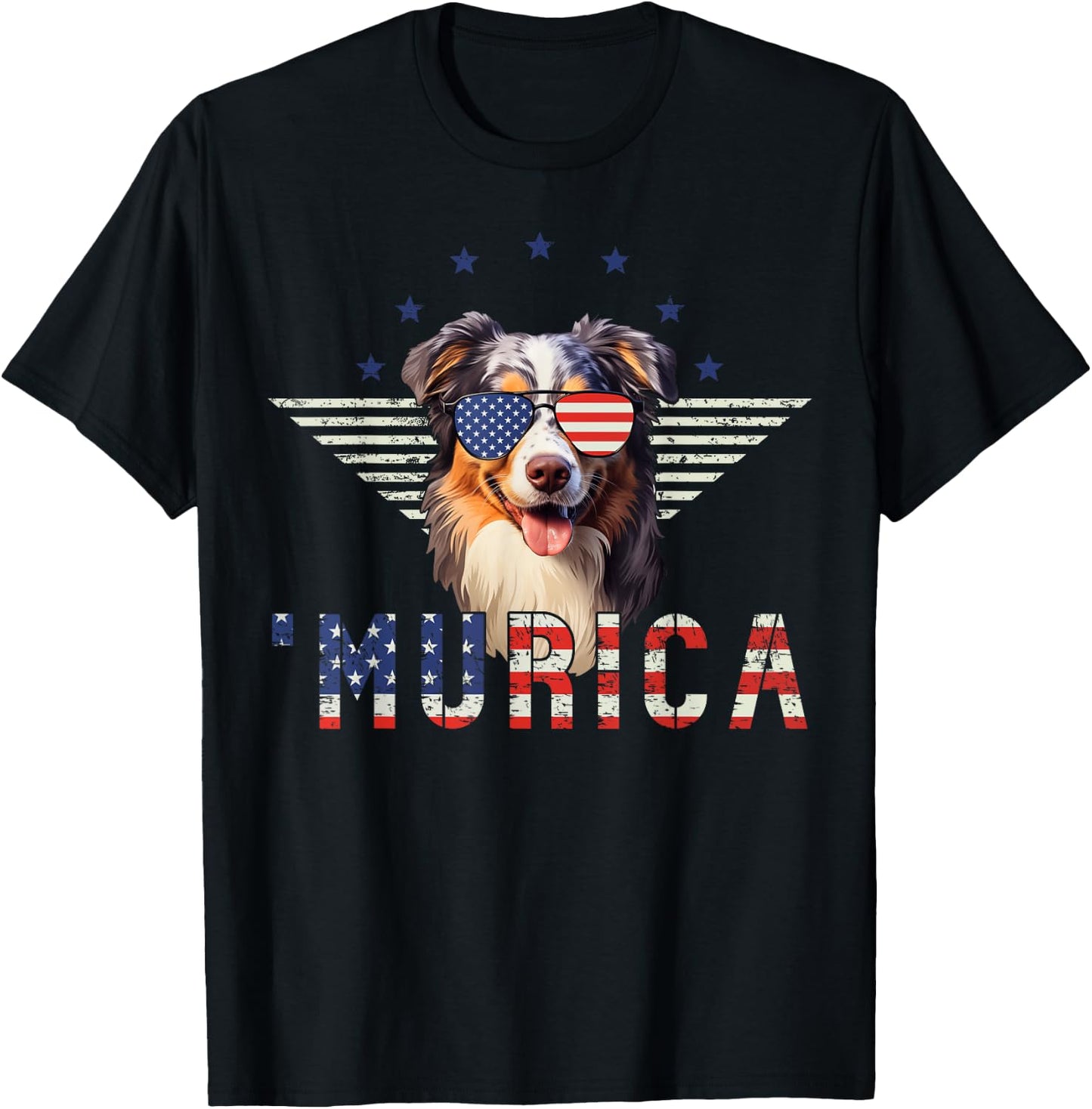 Murica Australian Shepherd Sunglasses American Flag 4th July T-Shirt - T-Shirt | Black