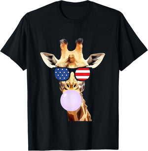 Funny Giraffe American Flag 4th Of July Adults Kids USA T-Shirt - T-Shirt | Black