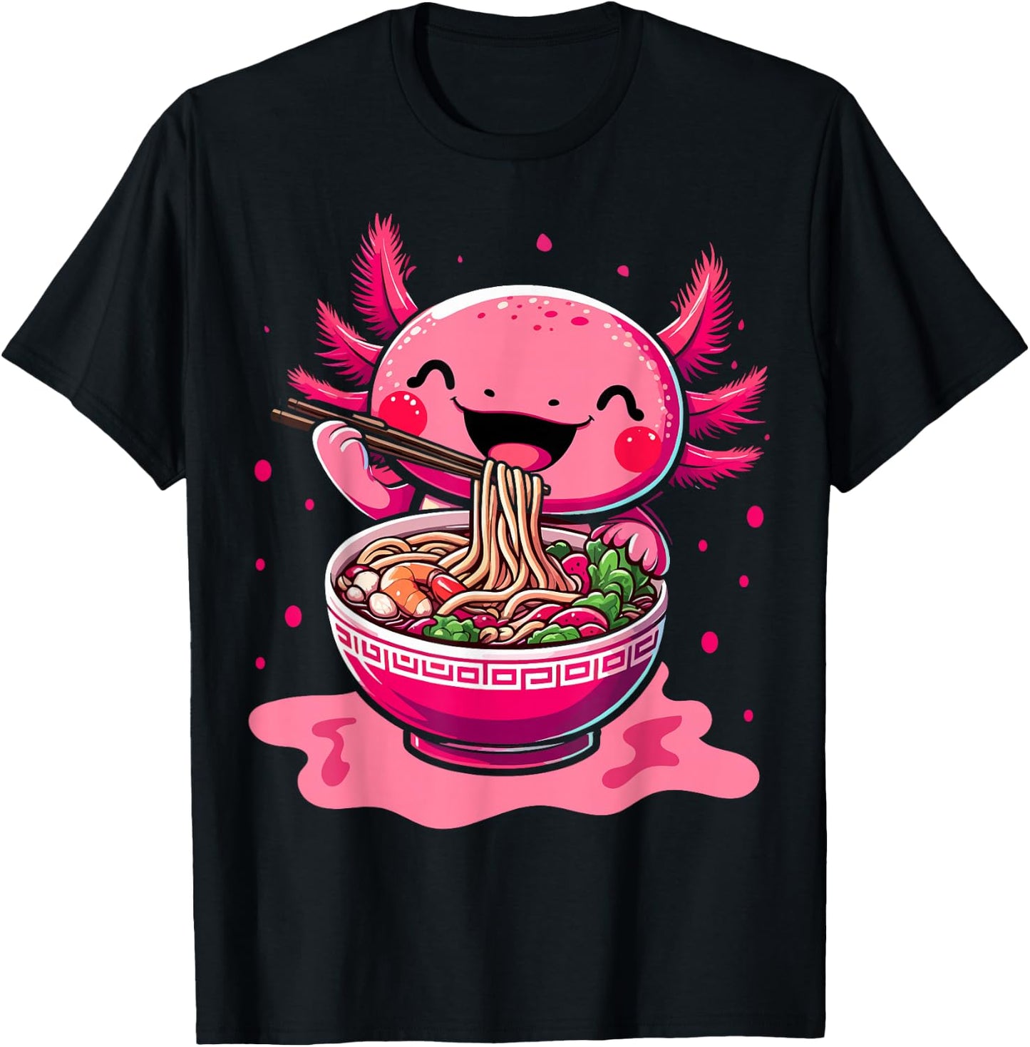 Kawaii Axolotl Eating Ramen Noodles Kids Teen Boys Girls T-Shirt - T-Shirt | Black