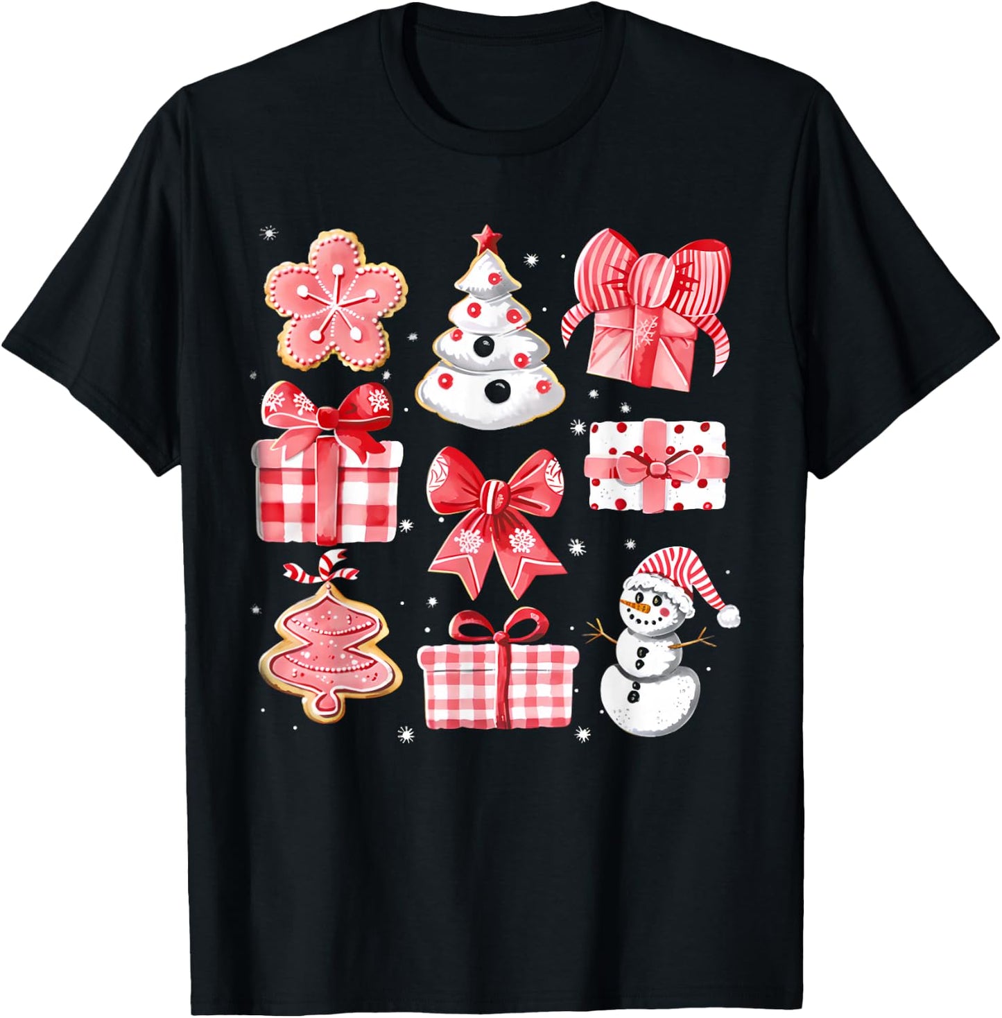 Cute Coquette Christmas Red Bows Santa Gingerbread Snowman T-Shirt - T-Shirt | Black