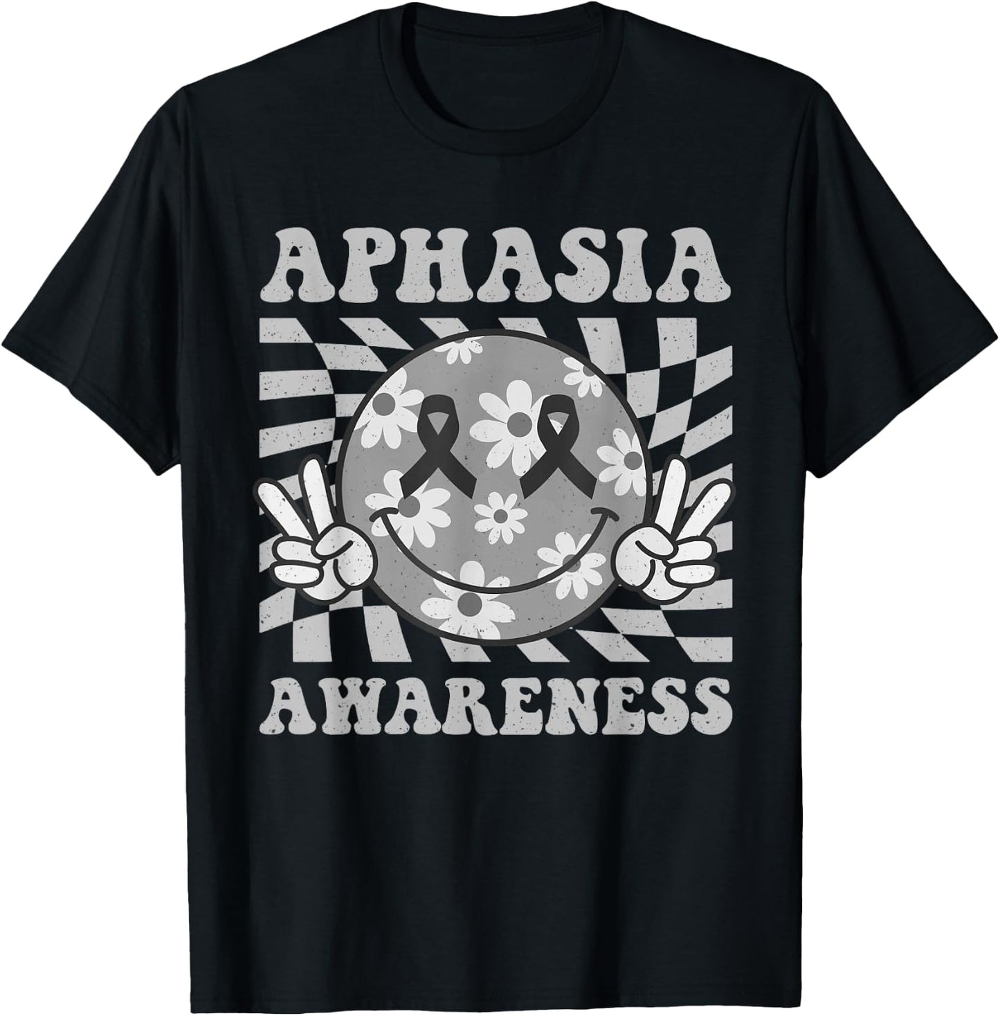 Groovy Aphasia Awareness Smile Face Gray Ribbon Support T-Shirt - T-Shirt | Black