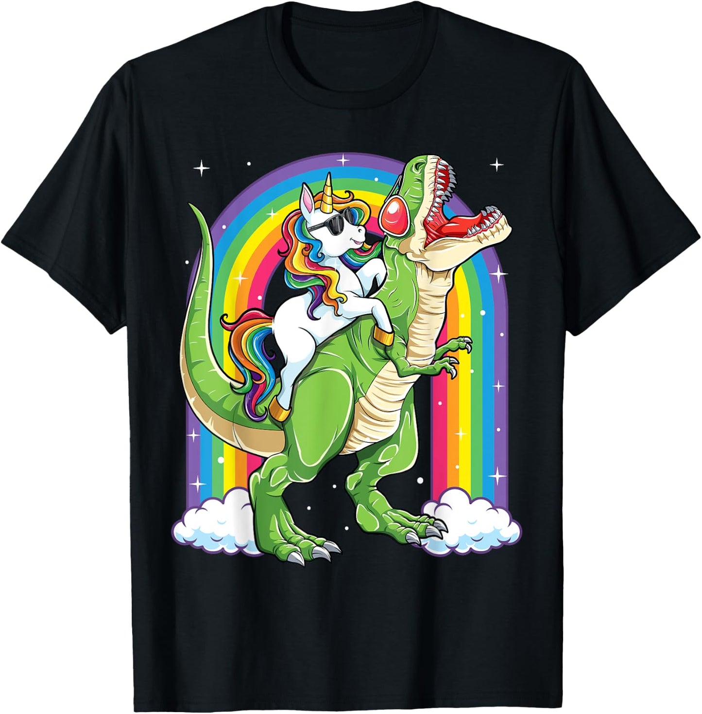 Unicorn Riding Dinosaur T rex Boys Girls Men Women Rainbow T-Shirt - T-Shirt | Black