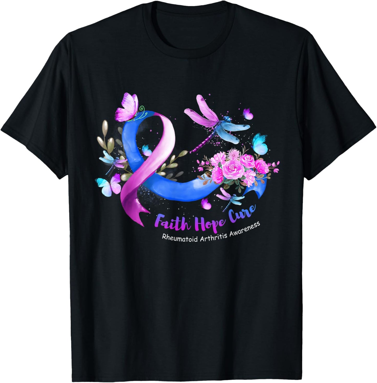 Faith Hope Cure Dragonfly Rheumatoid Arthritis Awareness T-Shirt - T-Shirt | Black