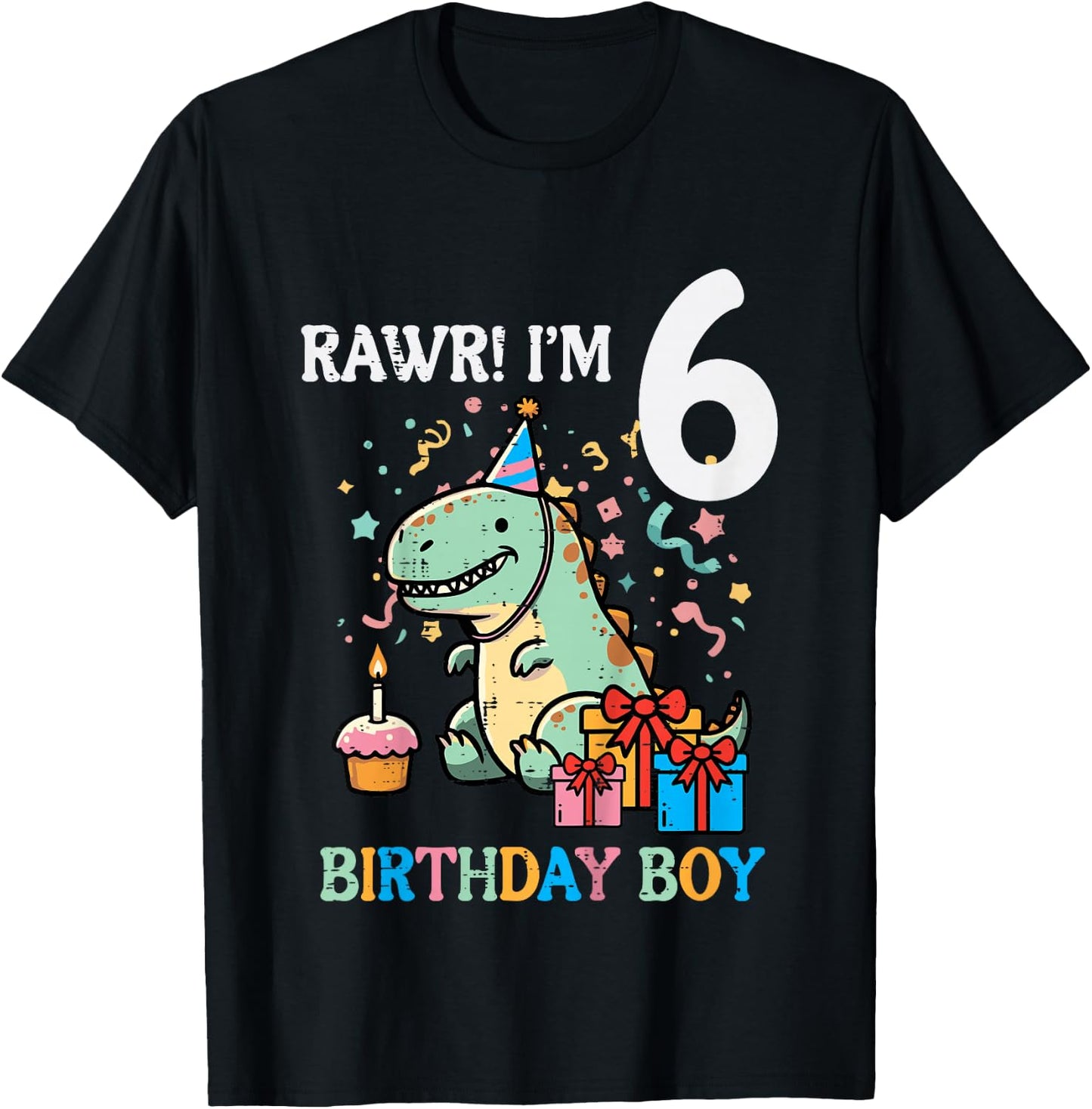 Kids Rawr Im 6 Dinosaur Birthday Boy Cute 6th Bday Trex Boys Kids T-Shirt - T-Shirt | Black