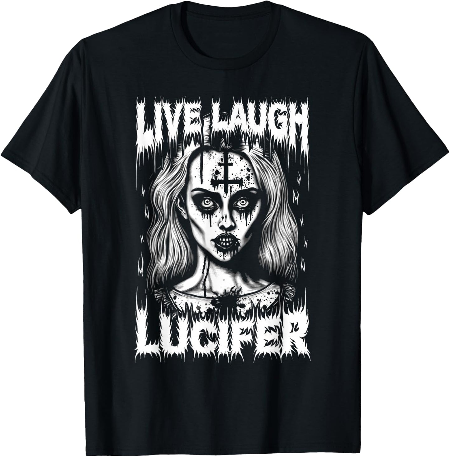 Live Laugh Lucifer Satanic Goth Woman In Demonic Makeup T-Shirt - T-Shirt | Black