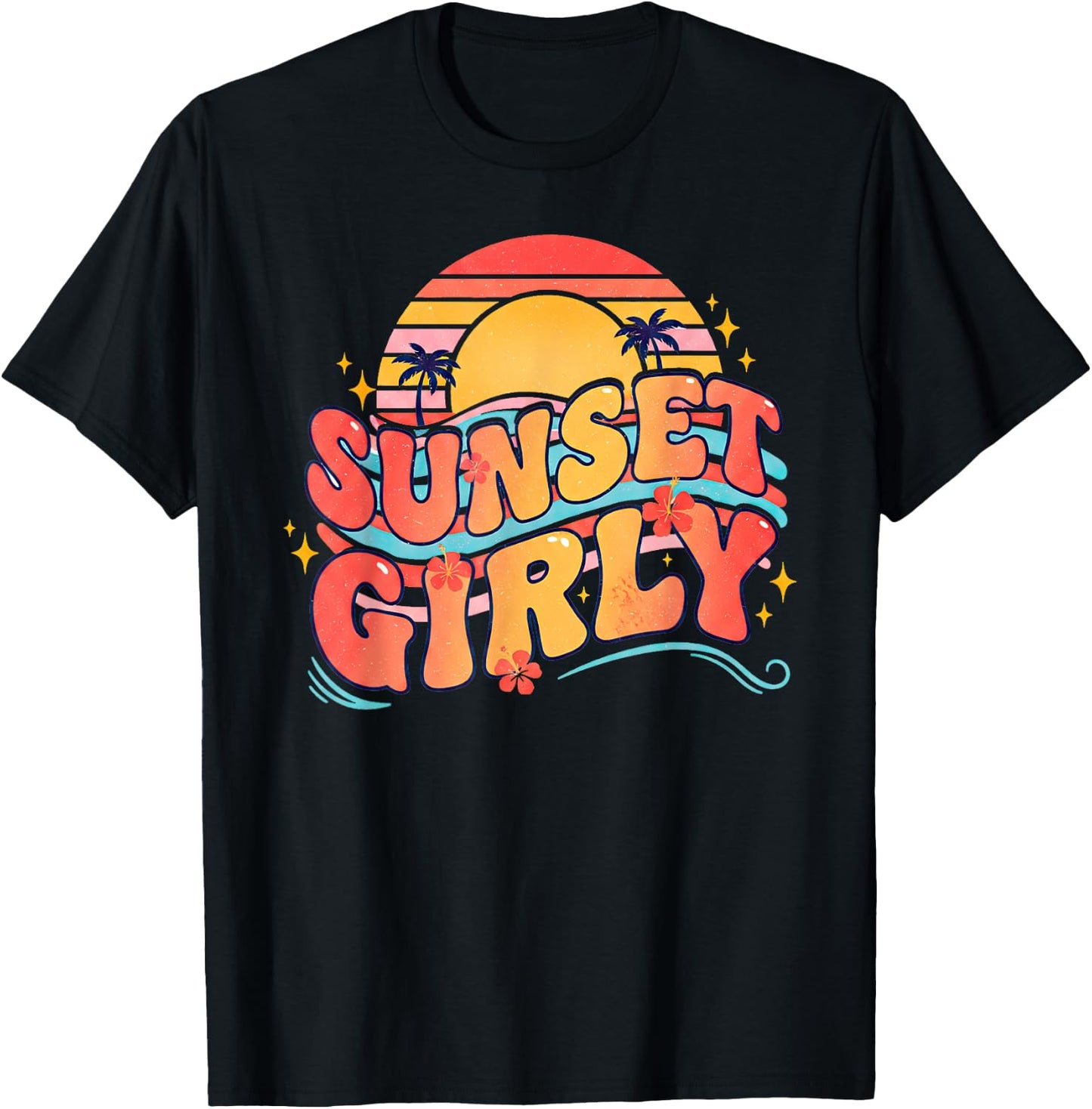 Sunset Girly Tropical Beach Sunset Groovy Summer T-Shirt - T-Shirt | Black