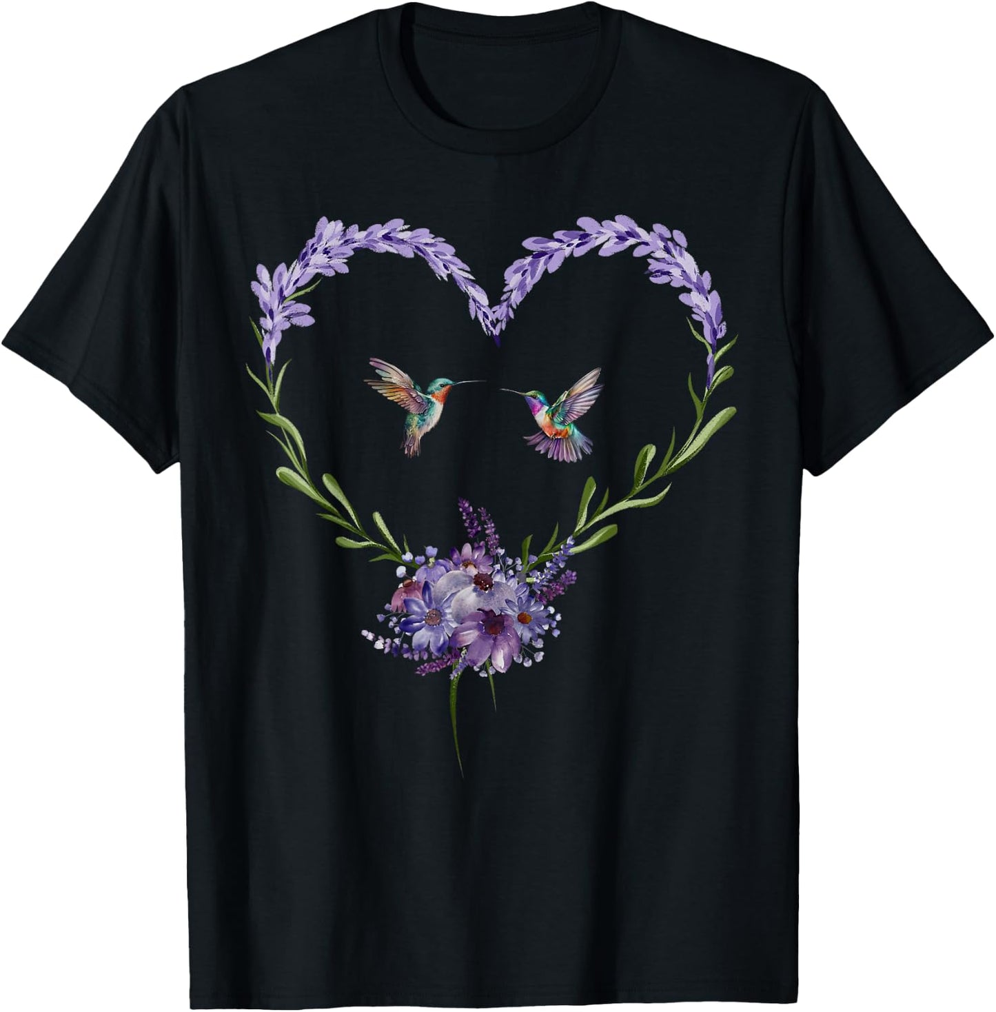Hummingbird Lavender Flower Heart Botanical Nature Lover T-Shirt - T-Shirt | Black