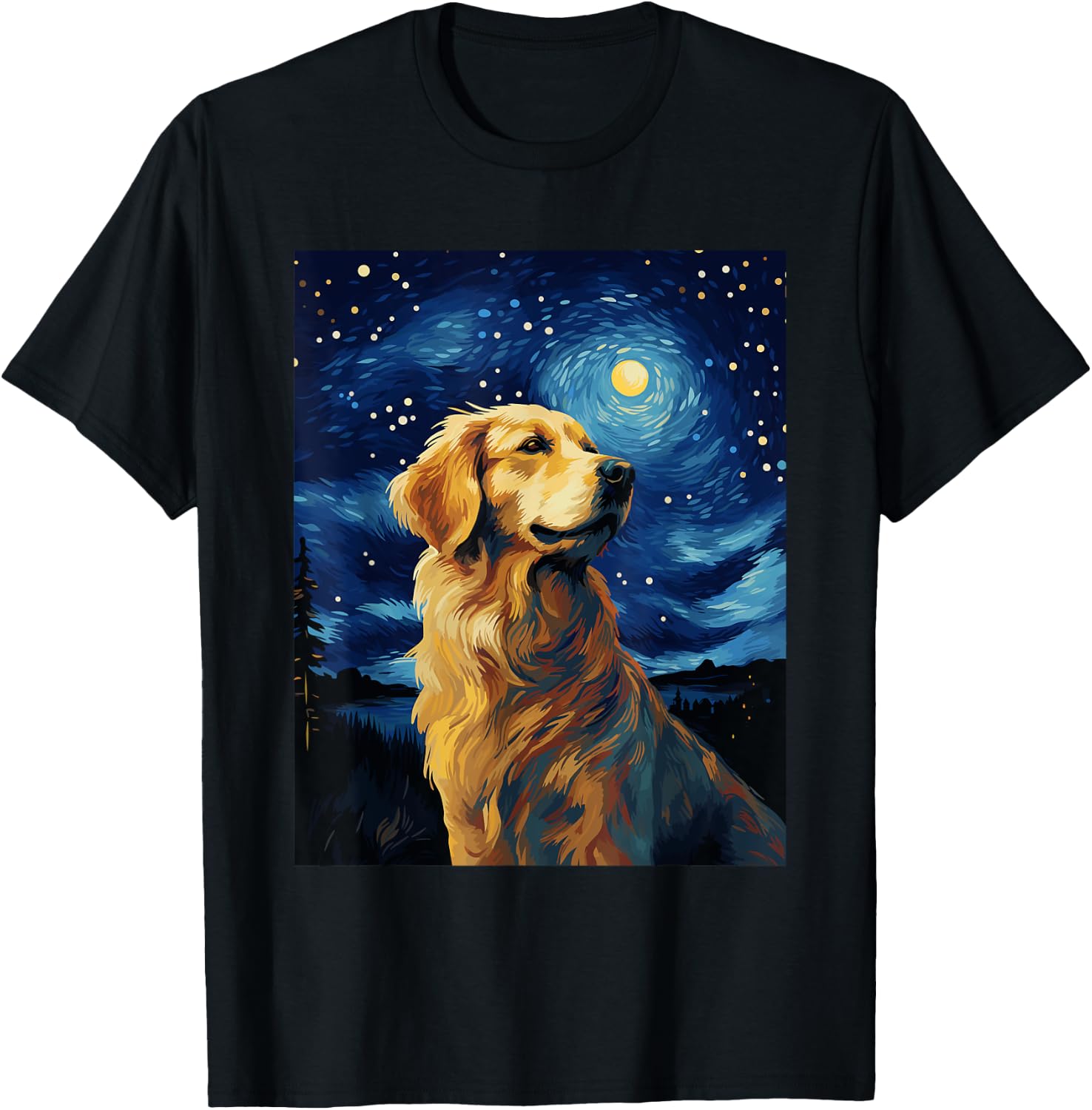Golden Retriever Dog Starry Night Van Gogh Men Women Kids T-Shirt - T-Shirt | Black
