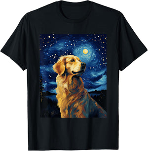 Golden Retriever Dog Starry Night Van Gogh Men Women Kids T-Shirt - T-Shirt | Black