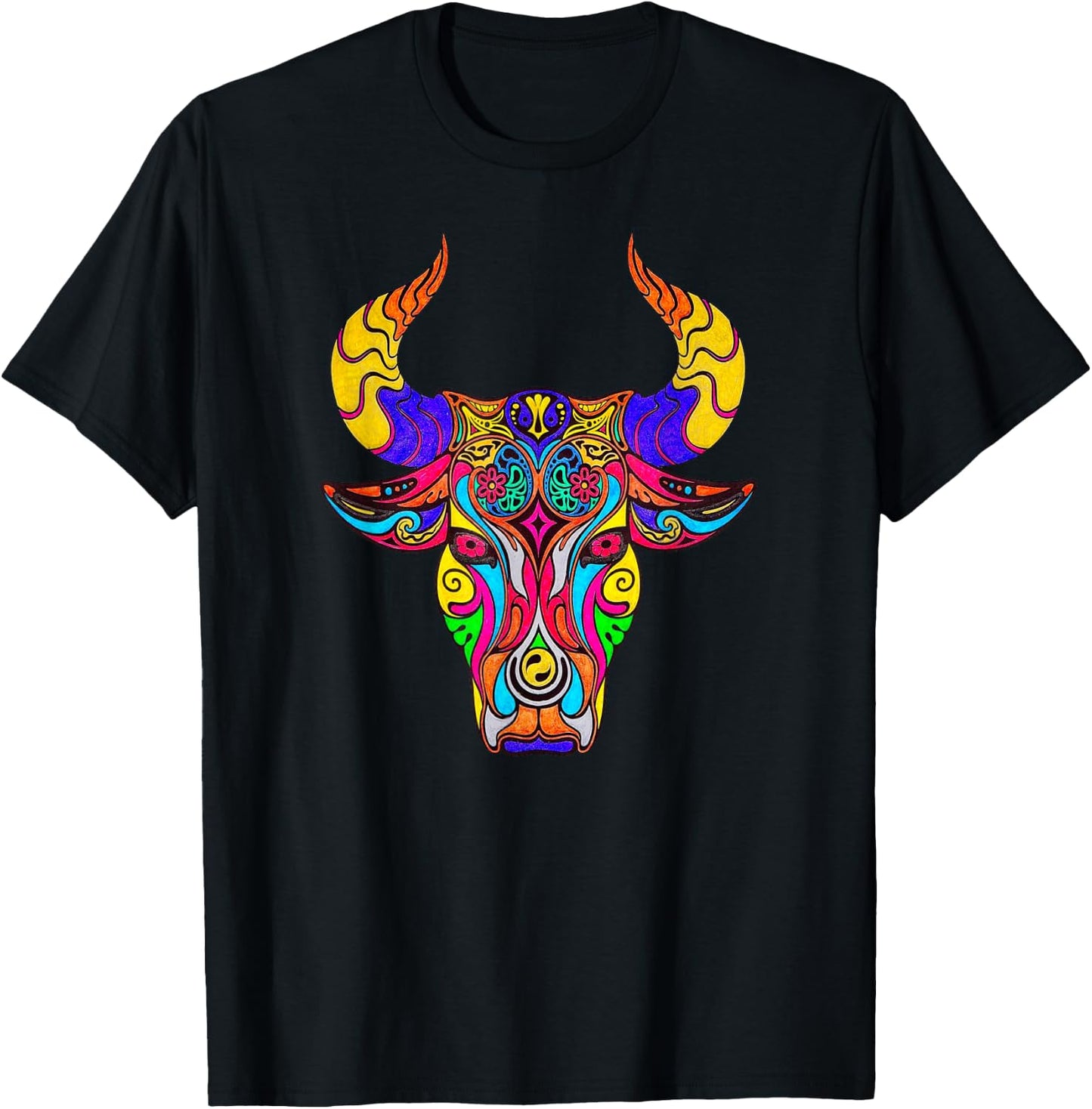 Multi Color Mosaic Bull Design Product T-Shirt - T-Shirt | Black