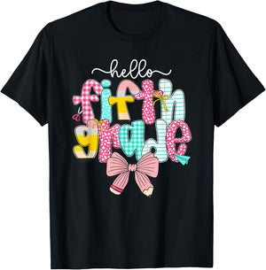 Preppy Hello 5th Grade Back to School Teacher Student Kids T-Shirt - T-Shirt | Black