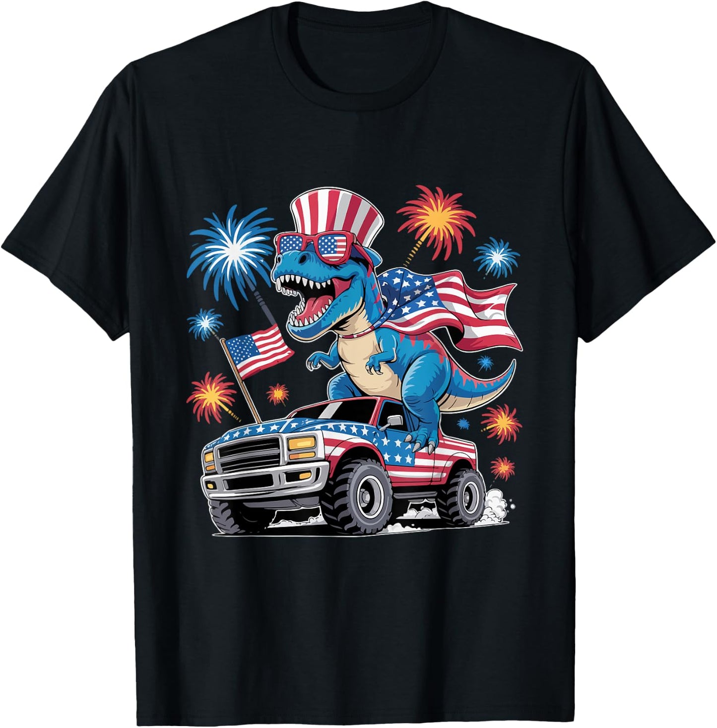 Dinosaur 4th Of July T Rex Dinosaur Truck Dino T-Shirt - T-Shirt | Black