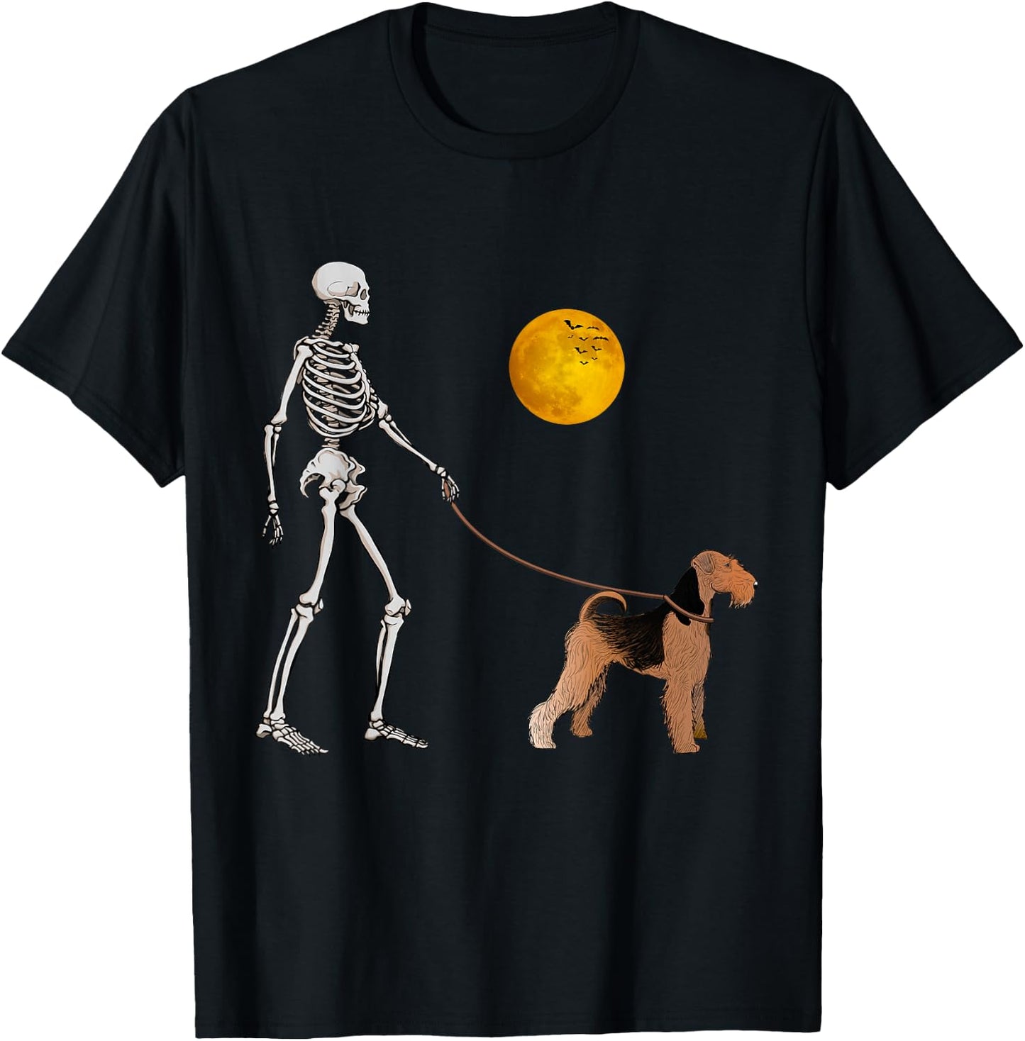 Airedale Terrier Skeleton Dog Walking Halloween Costume T-Shirt - T-Shirt | Black