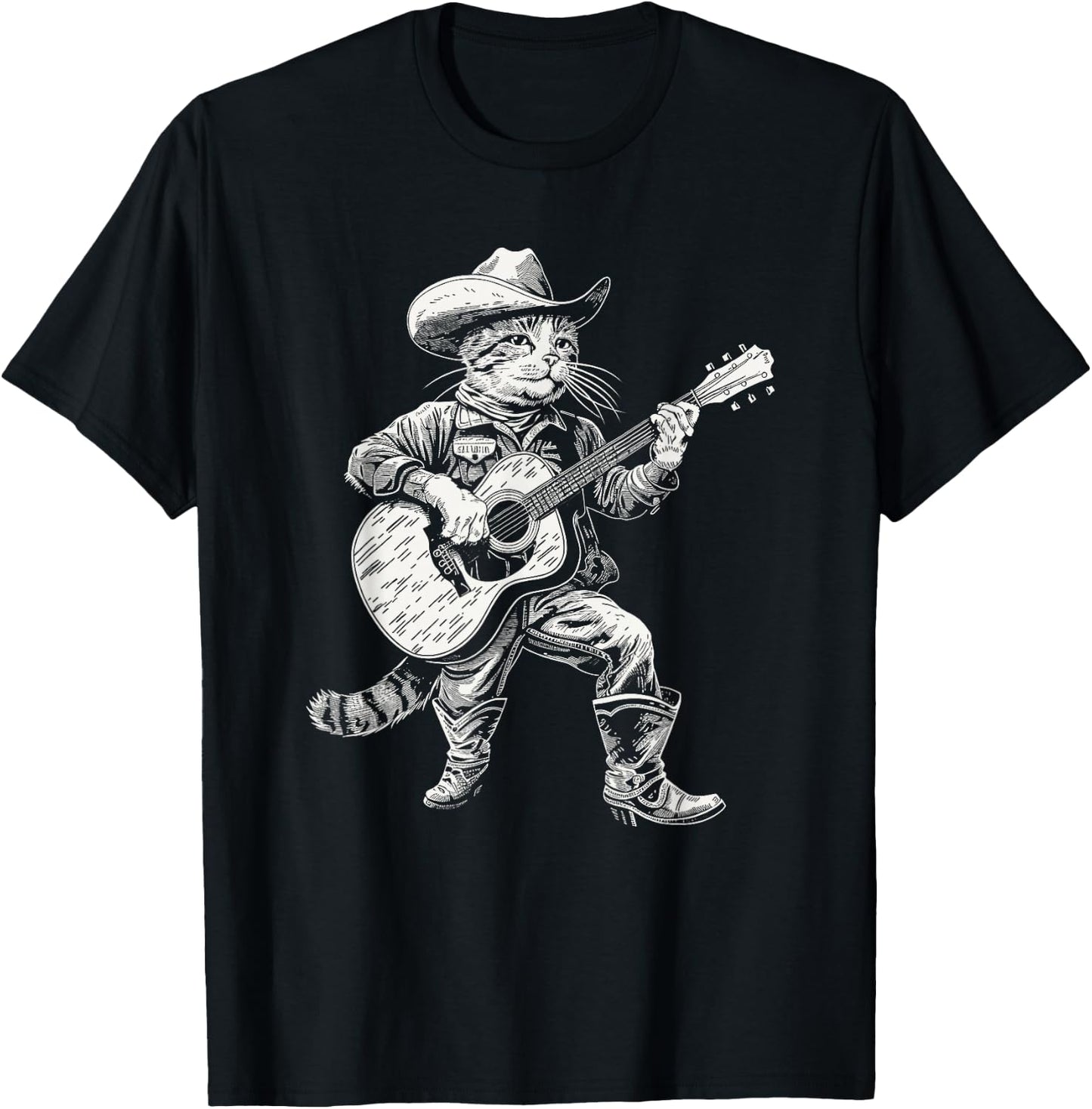 Cowboy Cat Playing Guitar Funny Country Music Loving Cat T-Shirt - T-Shirt | Black