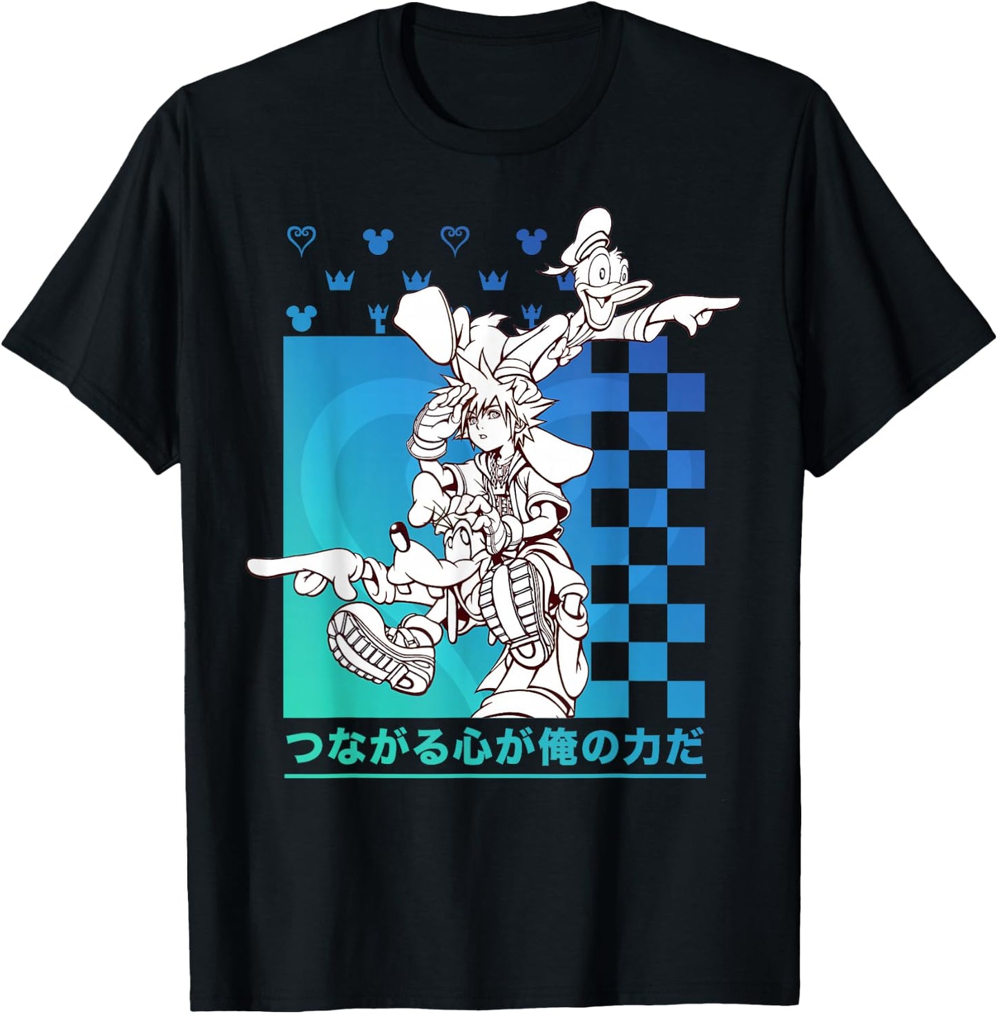 Disney Kingdom Hearts Sora Donald Goofy Kanji Checkerboard T-Shirt - T-Shirt | Black