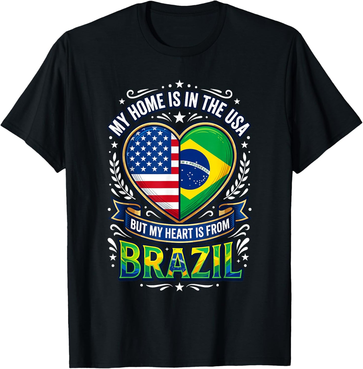 Brazilian American Heart Dual Flag Love Brazil Roots Pride T-Shirt - T-Shirt | Black
