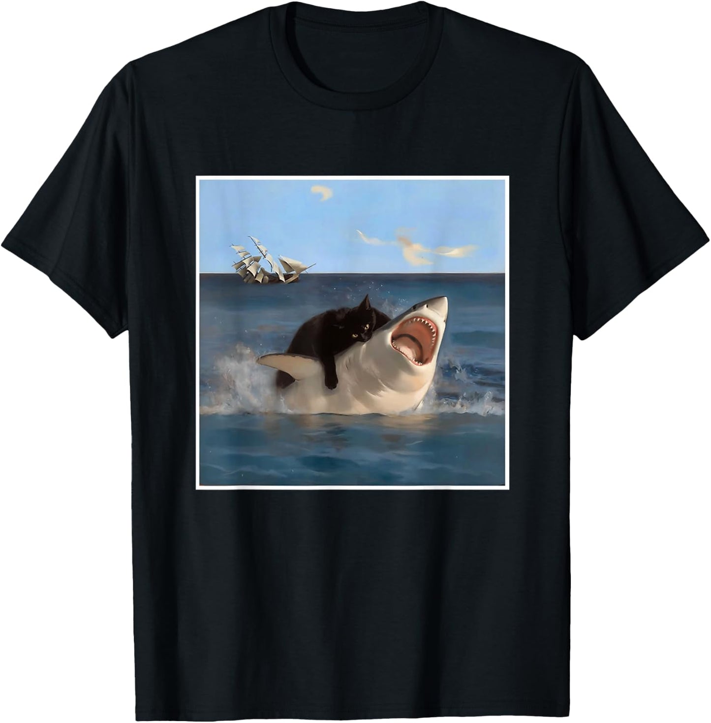Funny Art & Cat Lover Quote Cat Biting Shark Cool Fat Cat T-Shirt - T-Shirt | Black