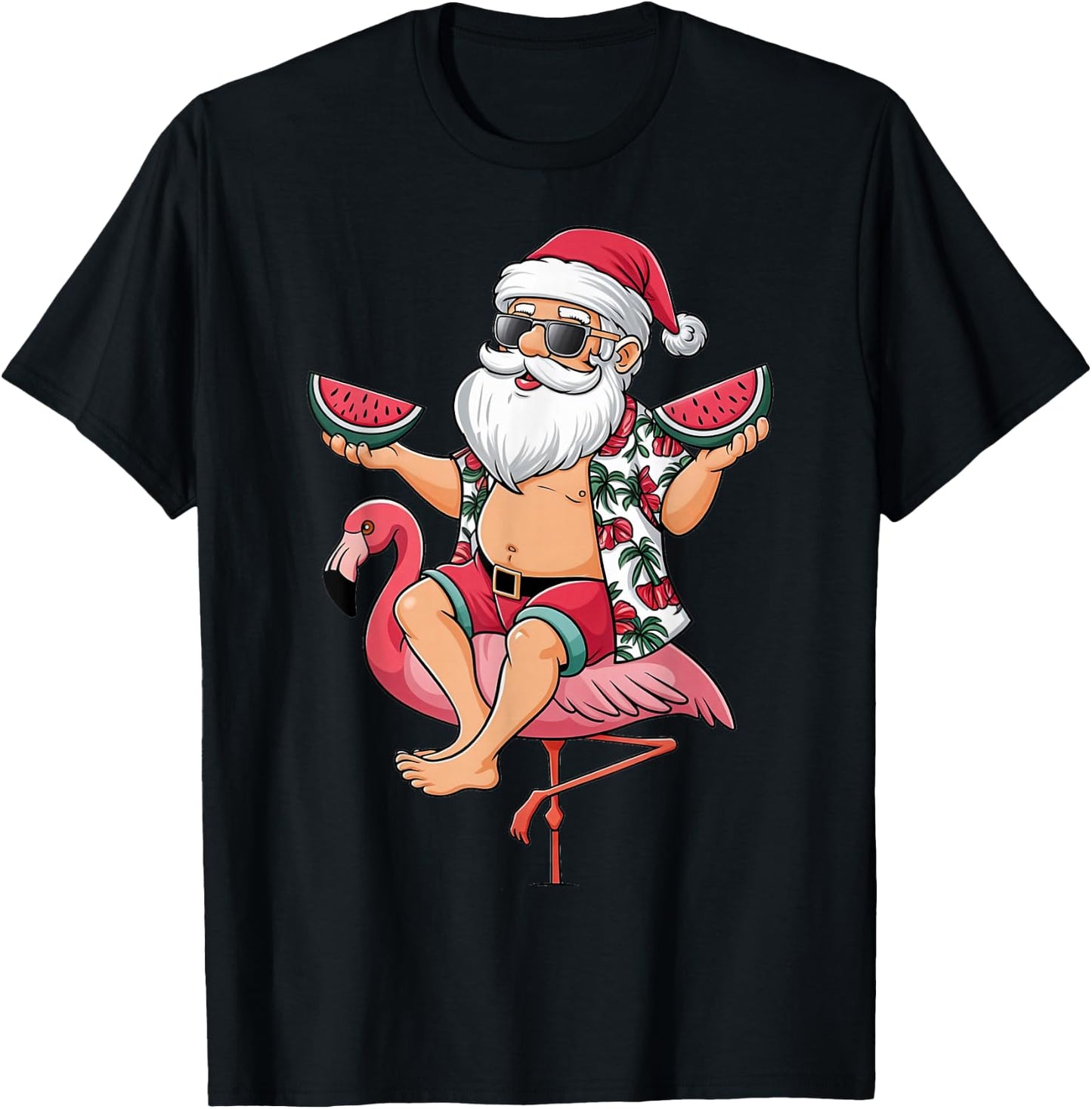 Santa Flamingo Floatie Christmas In July Watermelon Summer T-Shirt - T-Shirt | Black