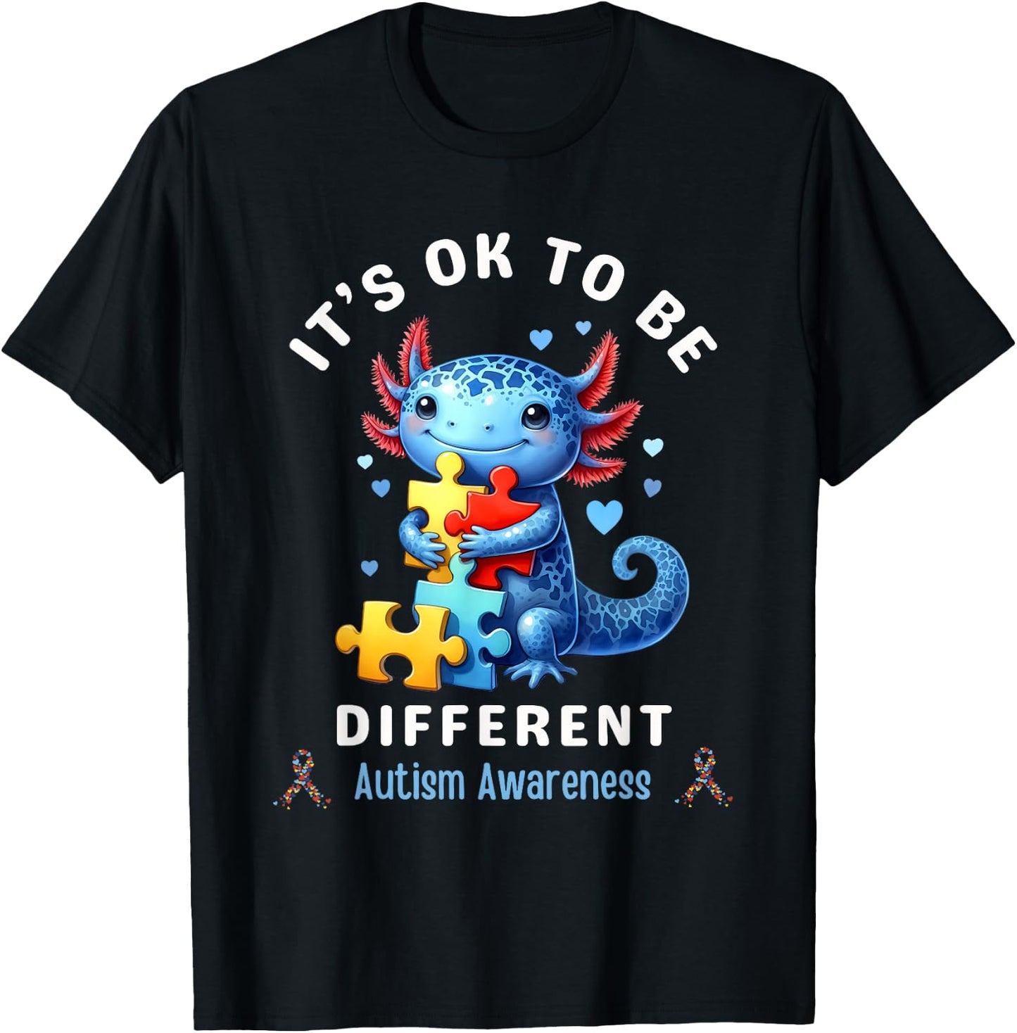 It's Ok To Be Different Autism Awareness Cute Axolotl Animal T-Shirt - T-Shirt | Black