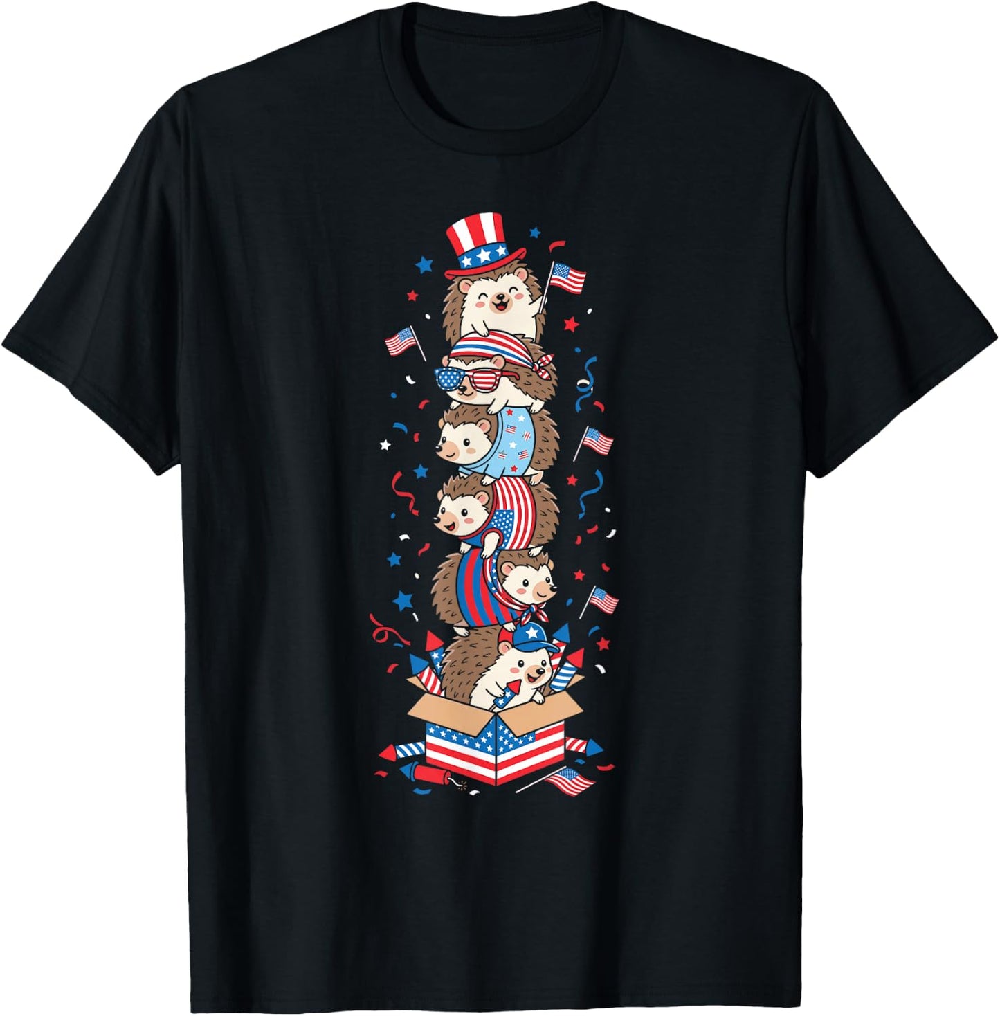 Funny Hedgehog American USA Flag Memorial Day 4th of July T-Shirt - T-Shirt | Black
