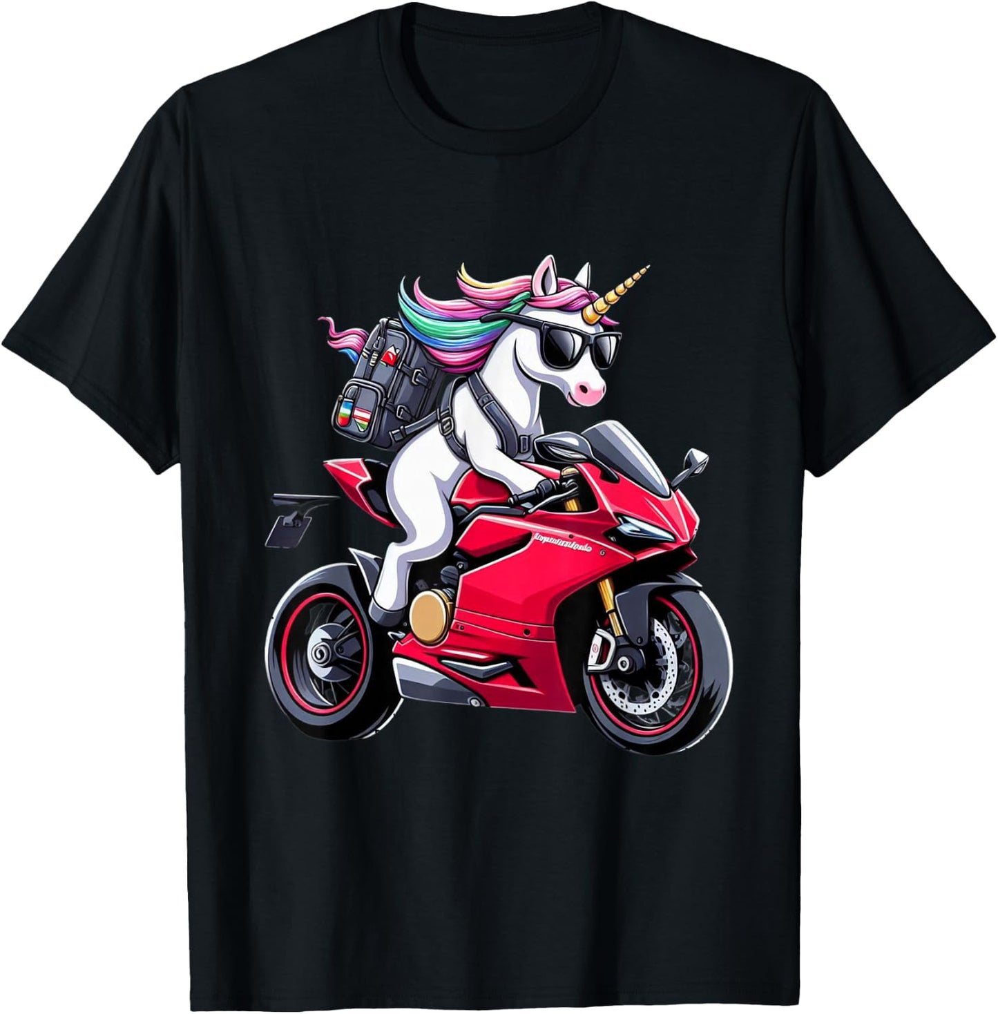 Unicorn Riding a Motorcycle for Boys, Girls, Men, Women, Kids and Adults , Black, S T-Shirt - T-Shirt | Black